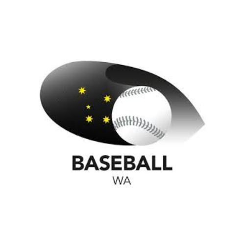Logo featuring a black and white baseball with a black oval and five yellow stars, and the words 'BASEBALL WA' underneath.