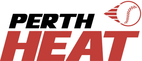 The logo for the Perth Heat, an Australian baseball team, featuring the team name and a baseball with red, white, and black design elements.