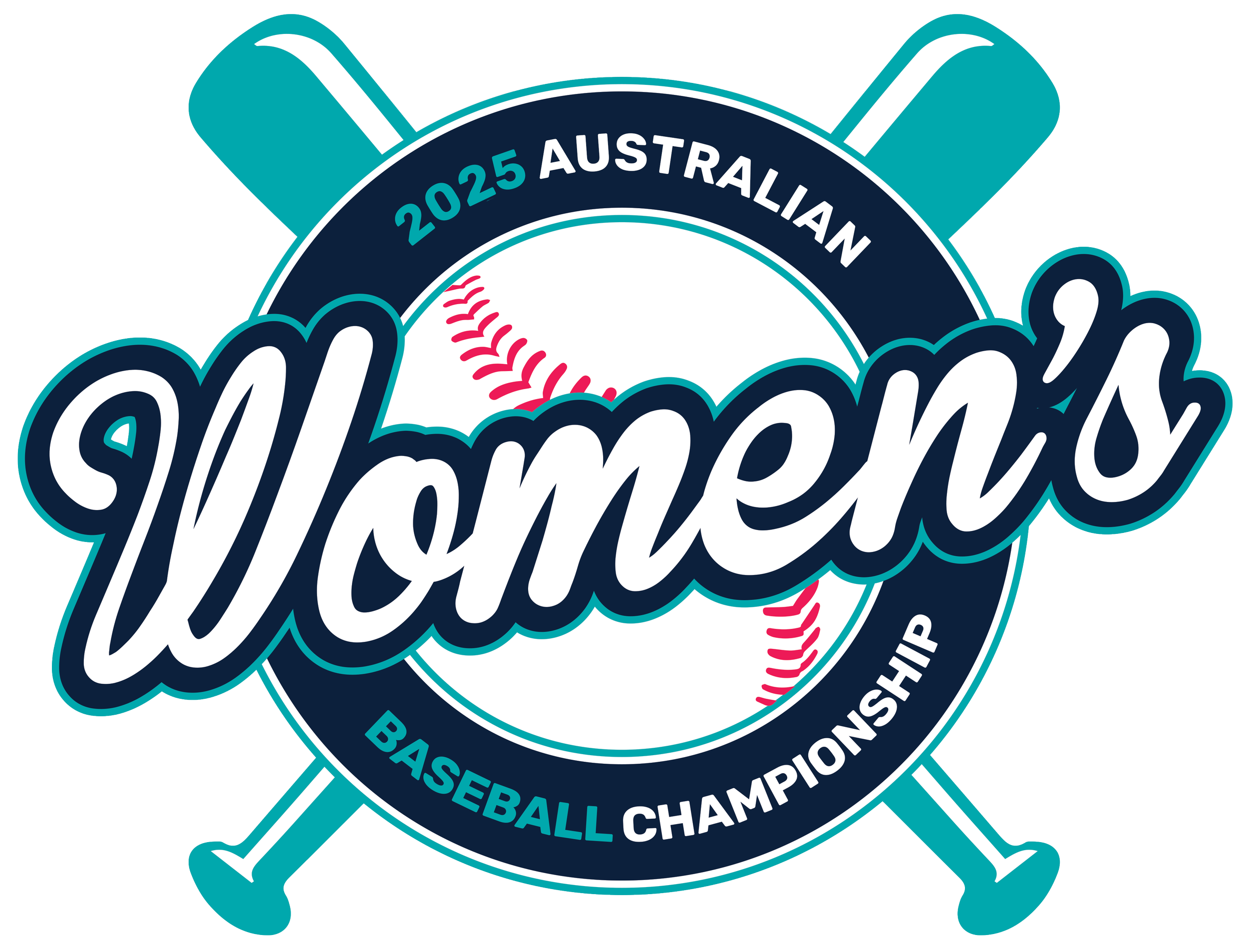 Logo for the 2025 Australian Baseball Championship featuring a baseball with red stitching, crossed baseball bats, and text around the baseball indicating the event's name and year.