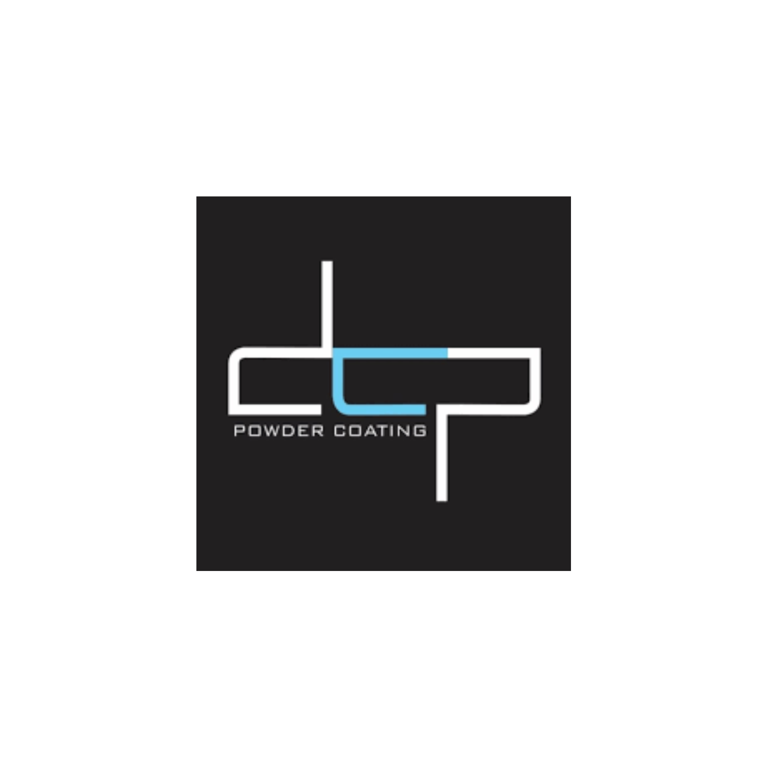 Logo with black background, featuring a stylized pipe with a white and blue outline, and the words 'POWDER COATING' underneath.