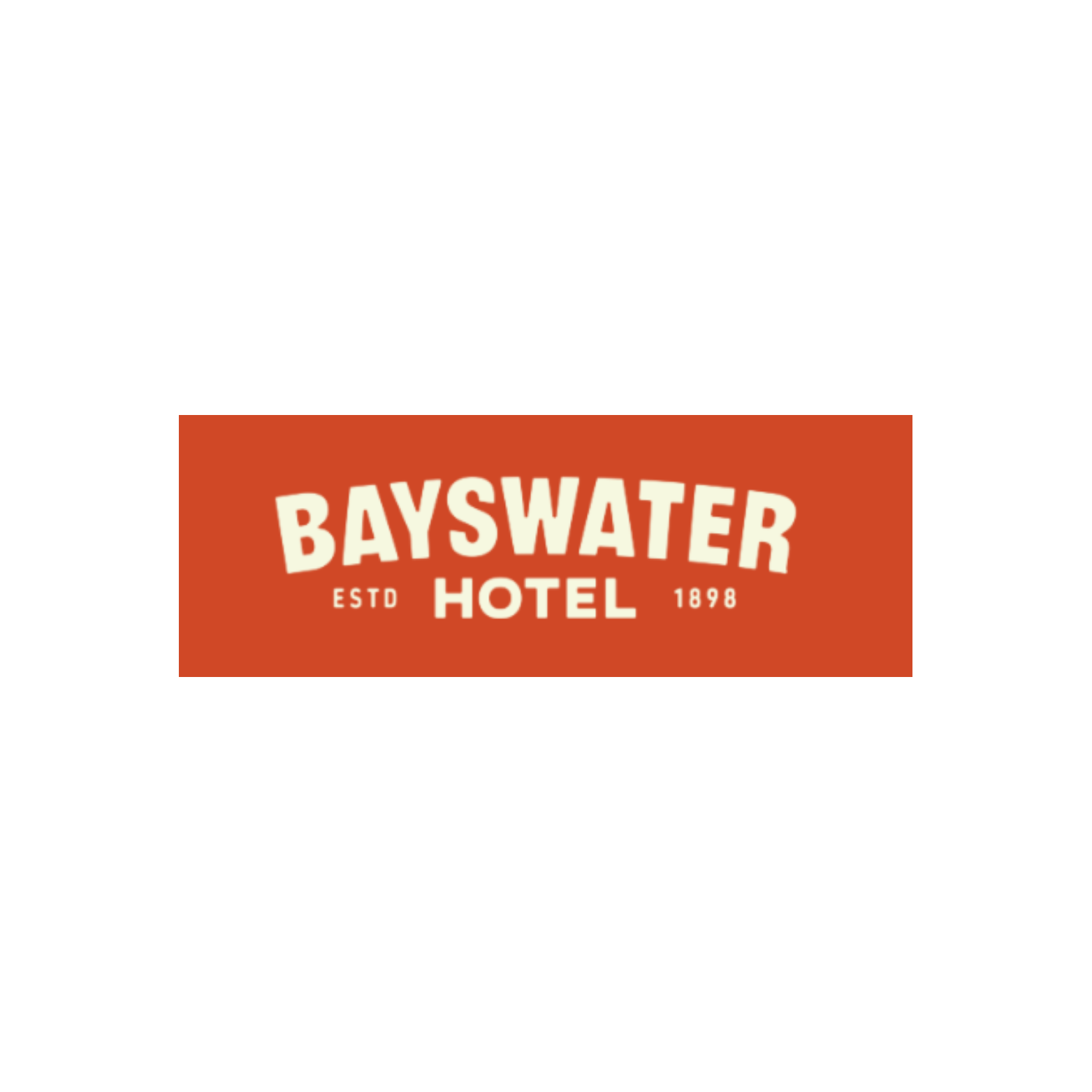 Logo of Bayswater Hotel with orange background, white text, and details indicating it was established in 1898.