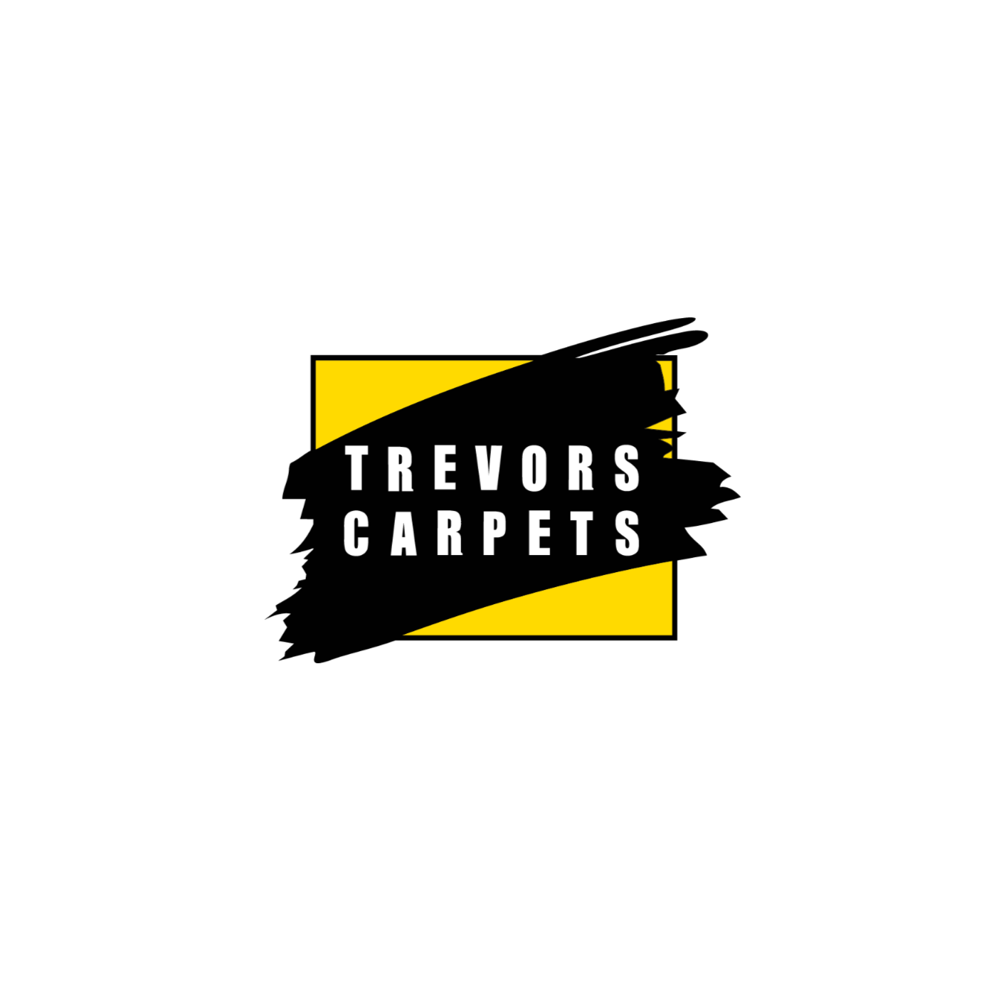 Logo for Trevors Carpets featuring black brushstroke style banner with white text, over a yellow square background.