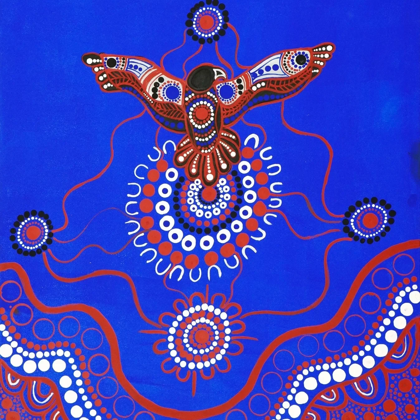 Australian Aboriginal-style painting with a butterfly-shaped figure at the center, adorned with circular patterns in black, white, red, and blue on a blue background, connected to smaller circular motifs by red lines.