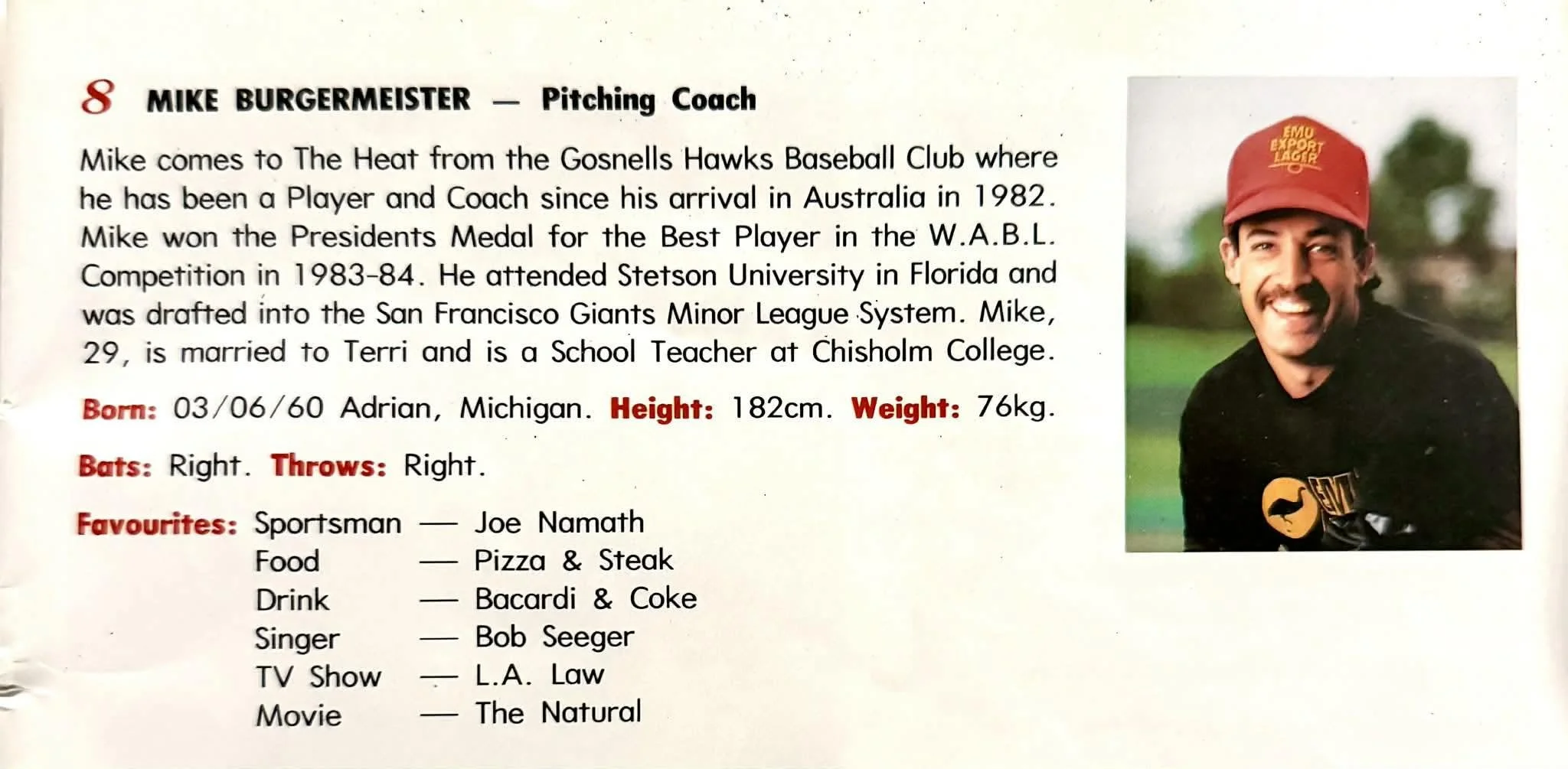 A page from a sports biography highlighting Mike Burgemeister, a pitching coach. It includes a photo of him smiling wearing a red hat with yellow writing, with a blurred outdoor background. The text details his background, achievements, personal info