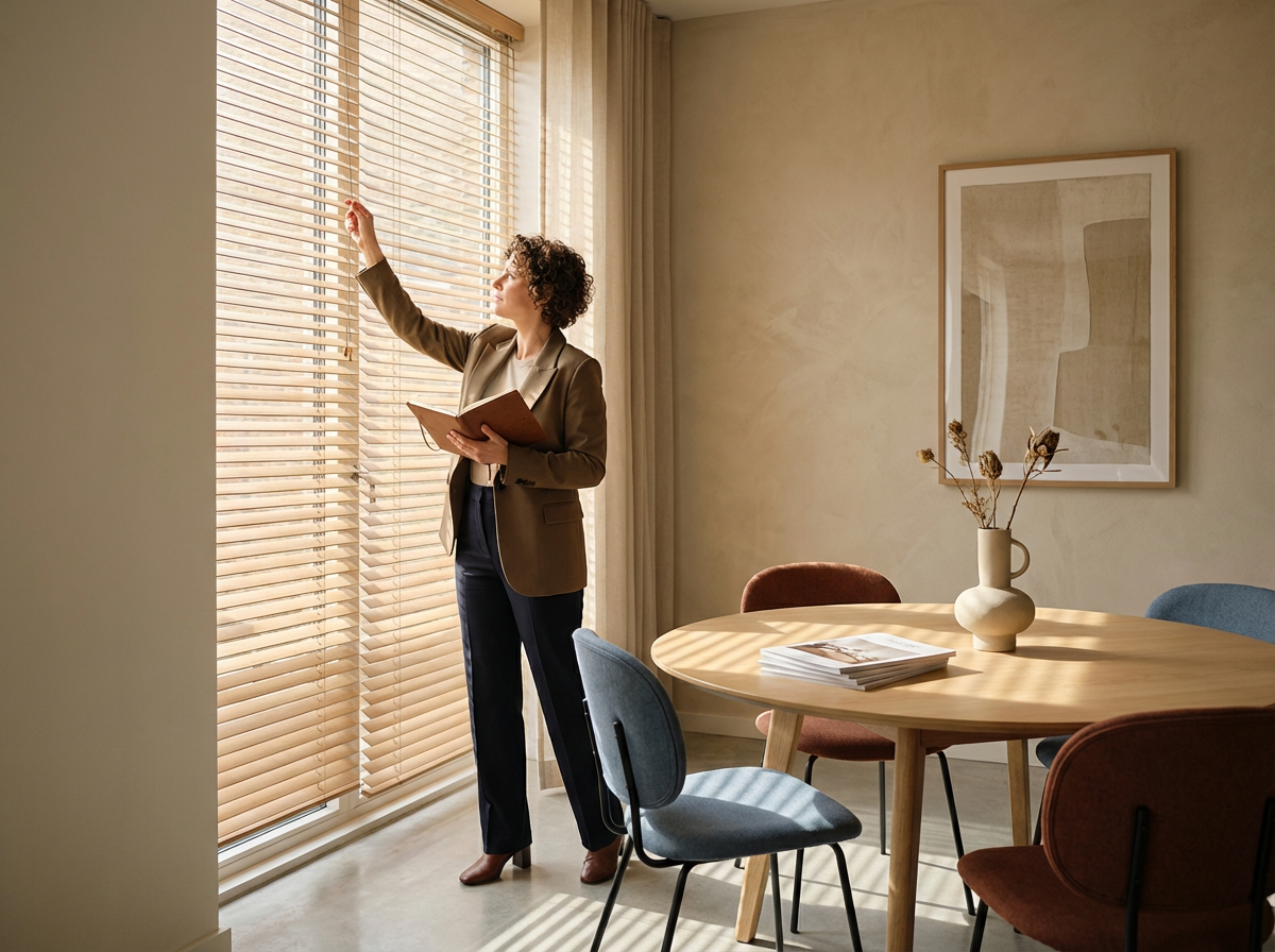A woman with curly hair, dressed in a tan blazer and navy pants, stands by a window with blinds, holding a book and looking outside.