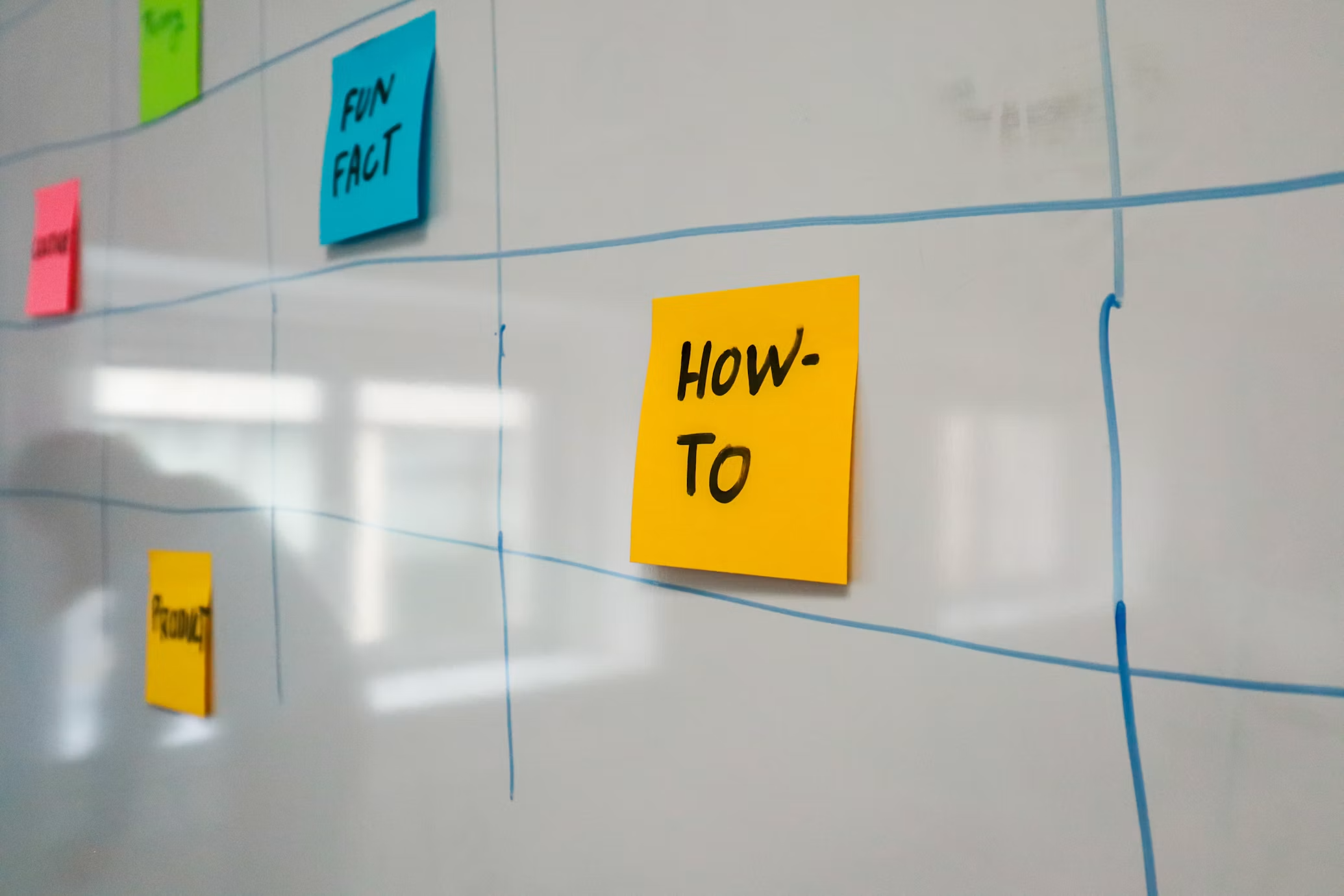 Close-up of a whiteboard with colorful sticky notes and blue marker lines, with the text 'FUN FACT' on a blue sticky note and 'HOW-TO' on a yellow sticky note.
