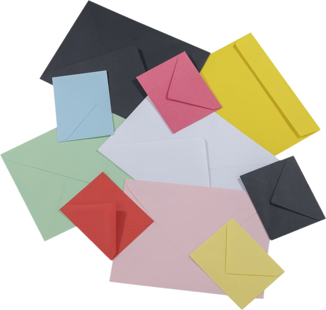 A collection of colorful envelopes and letter papers in black, white, pink, yellow, blue, red, and green, scattered together.