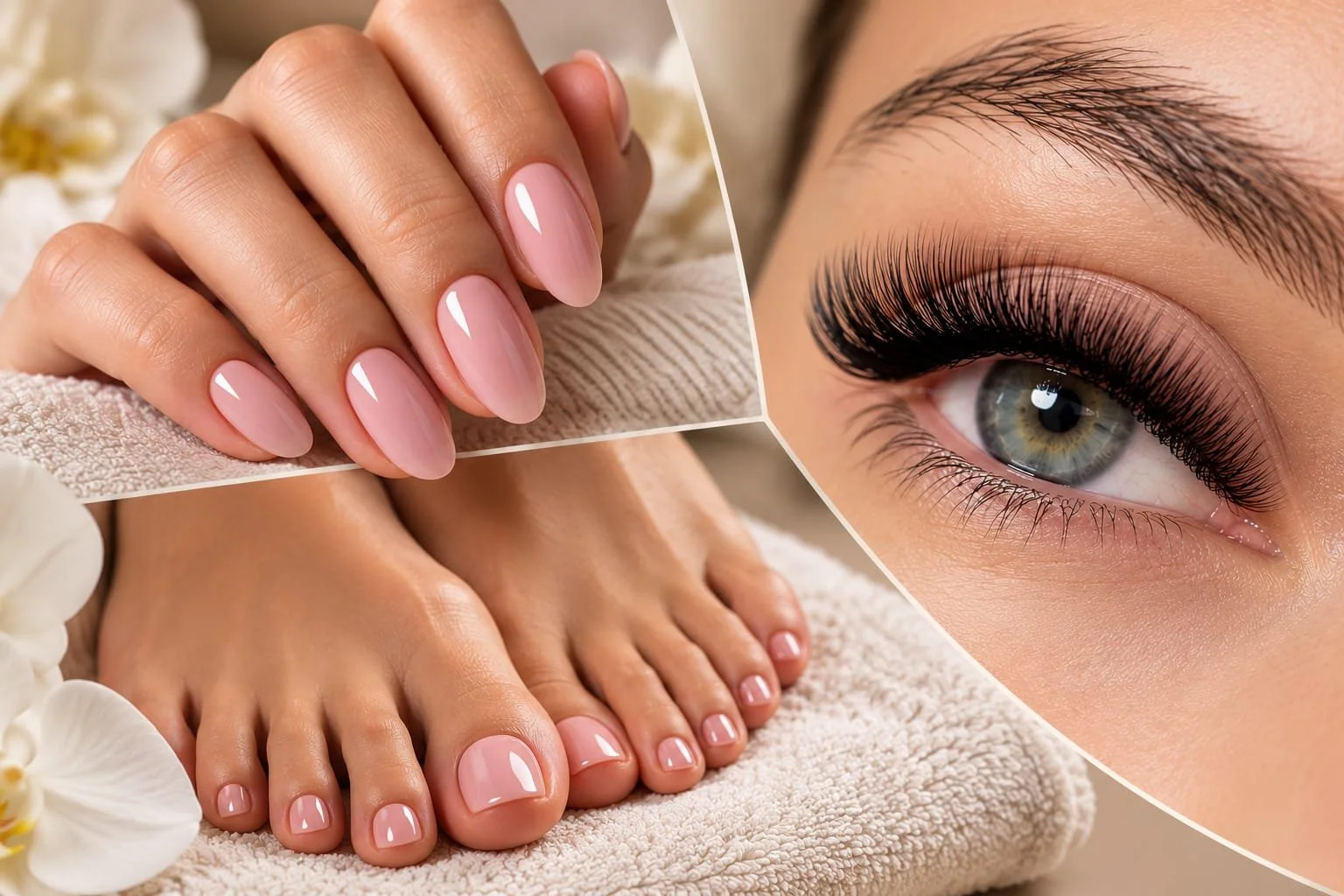 Russian manicure and pedicure with gel color and lash extensions at METANOIA Beauty Salon in Azizi Riviera, Dubai