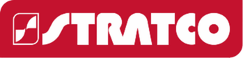 Stratco logo with red background and white text