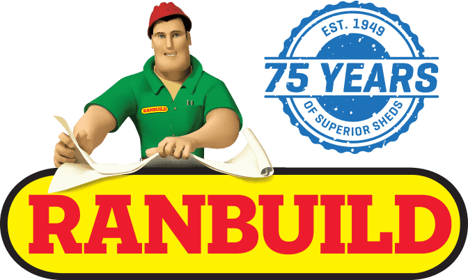 A mascot holding a pen and a blueprint, with a logo celebrating 75 years of RANBUILD, a shoe company, visible in the background.