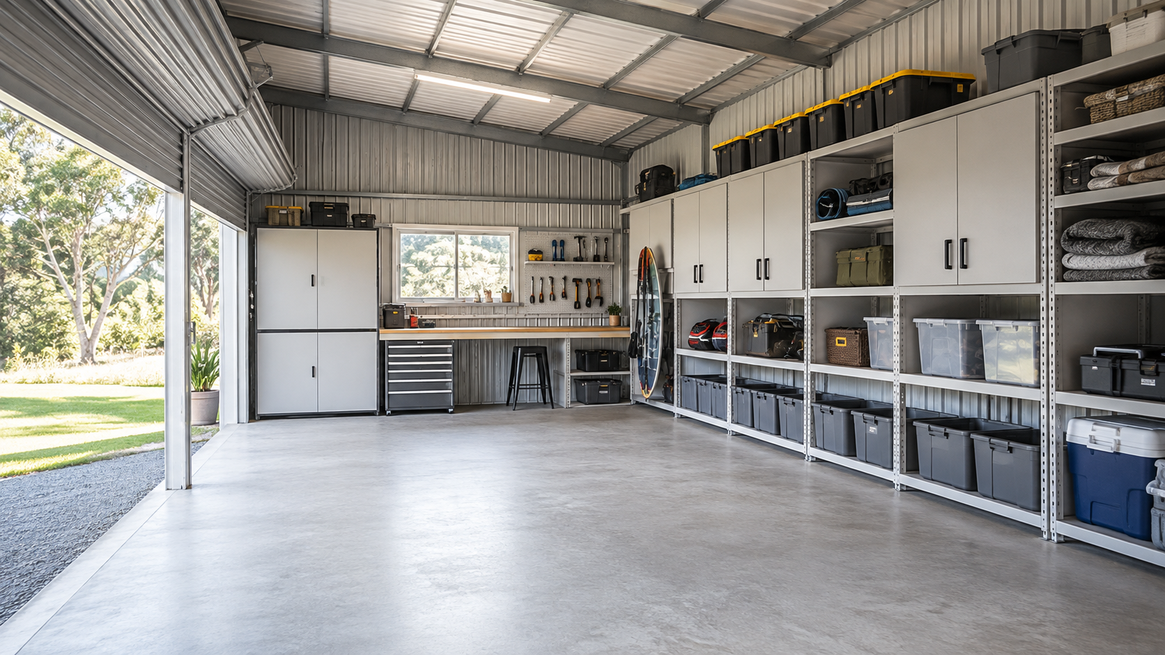 Organised shed interior with shelving, storage and workbench area