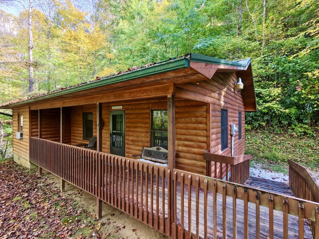 Log cabin with a metal roof and covered porch in a wooded forest