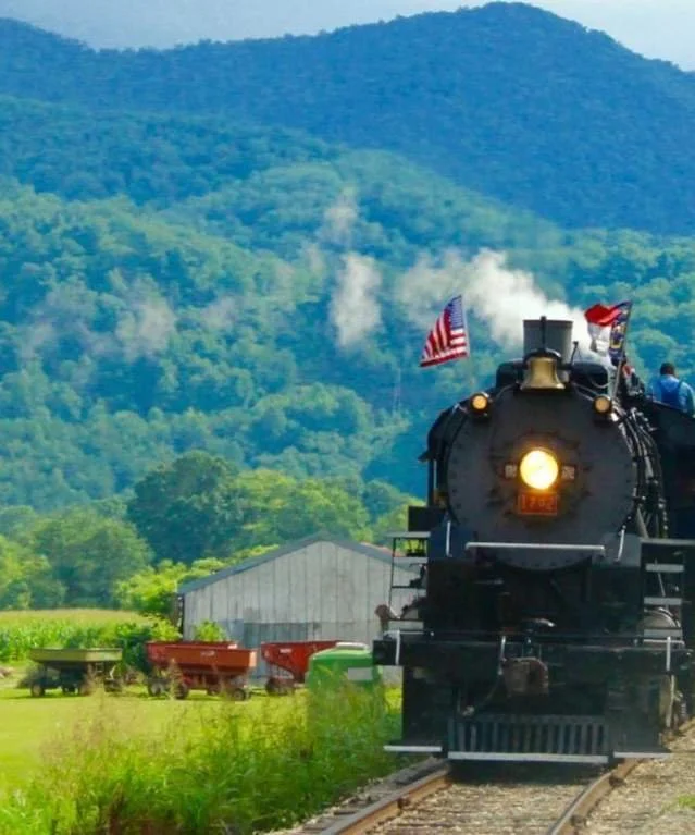 Historic black steam locomotive with an American flag approaching on railroad tracks against a forested mountain backdrop