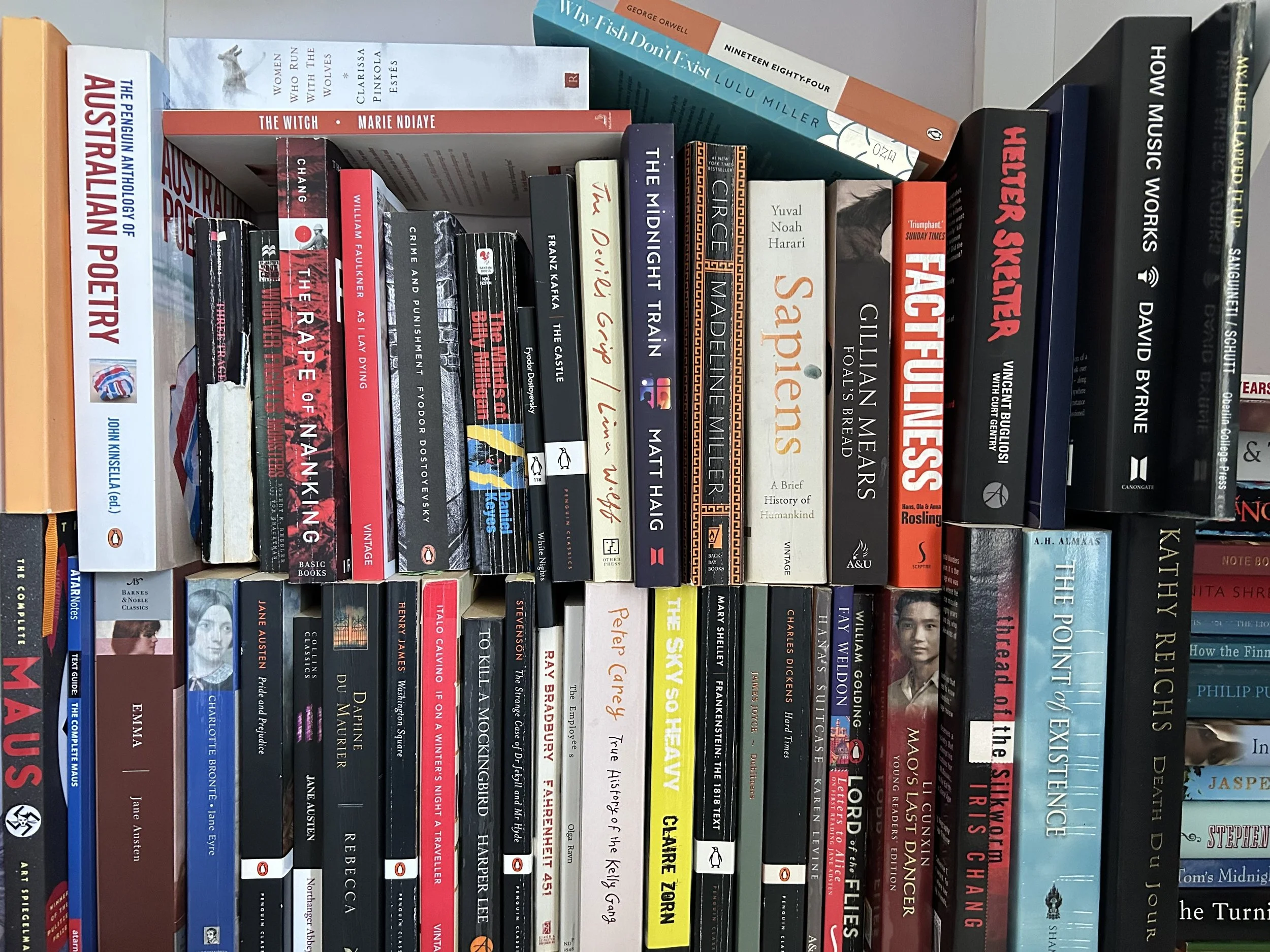Bookshelf filled with various fiction and non-fiction books, with their spines facing outward, displaying titles and authors.