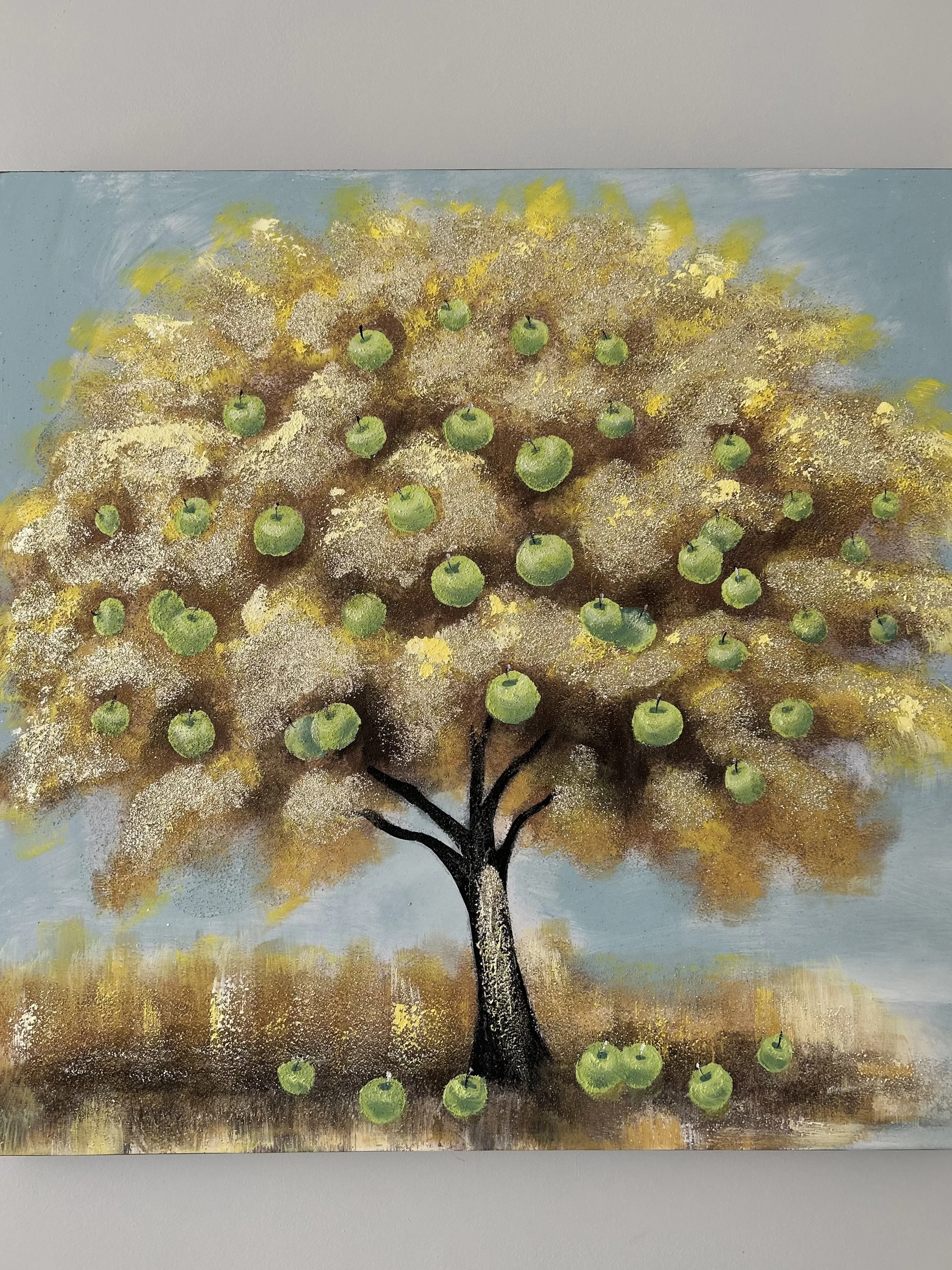 Painting of a tree with green apples and golden-yellow leaves against a blue sky.
