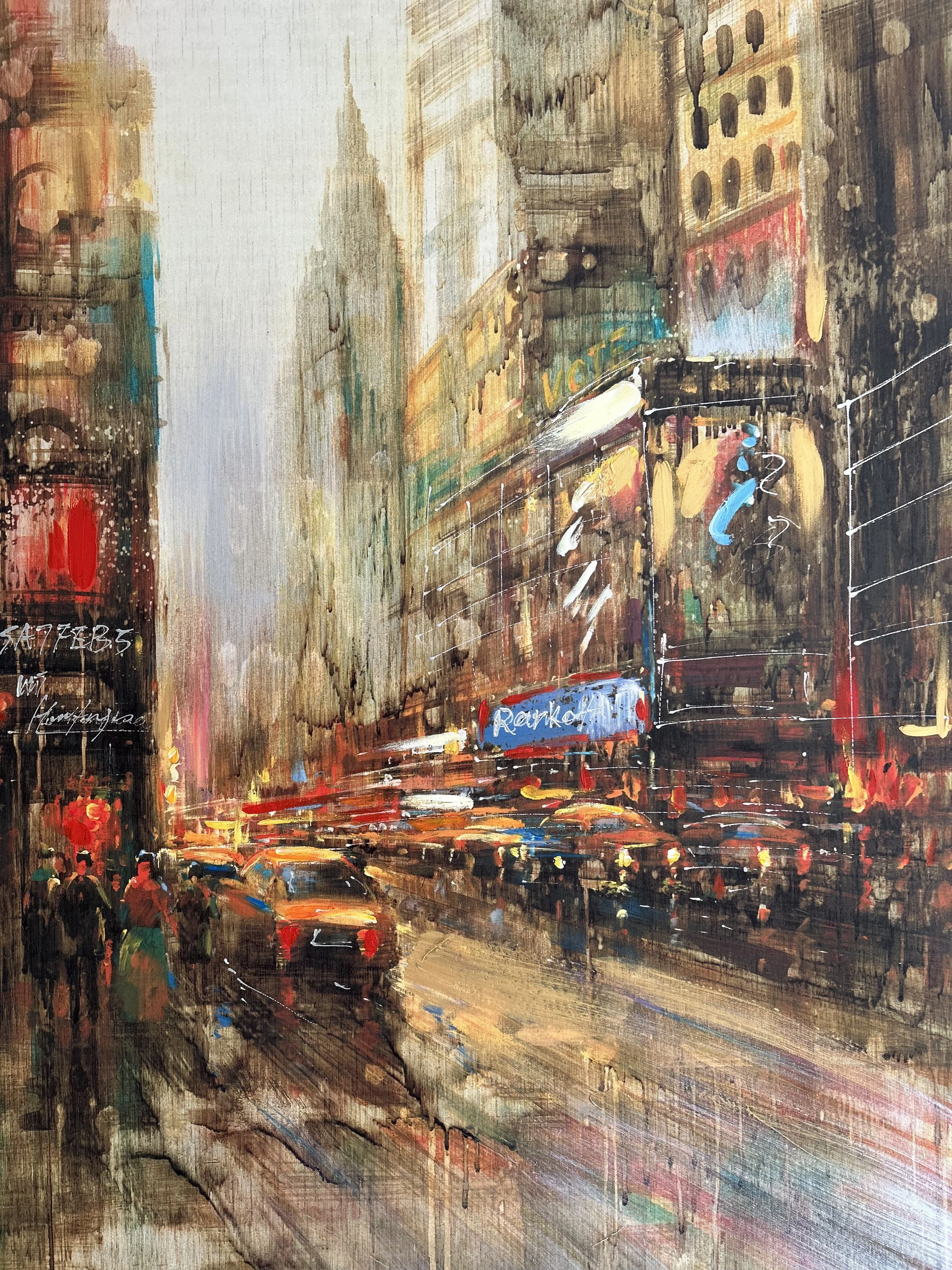 An impressionistic painting of Times Square in New York City, with tall buildings, traffic, and a crowd of people on the street, with vibrant lights and a billboard that says "Market".