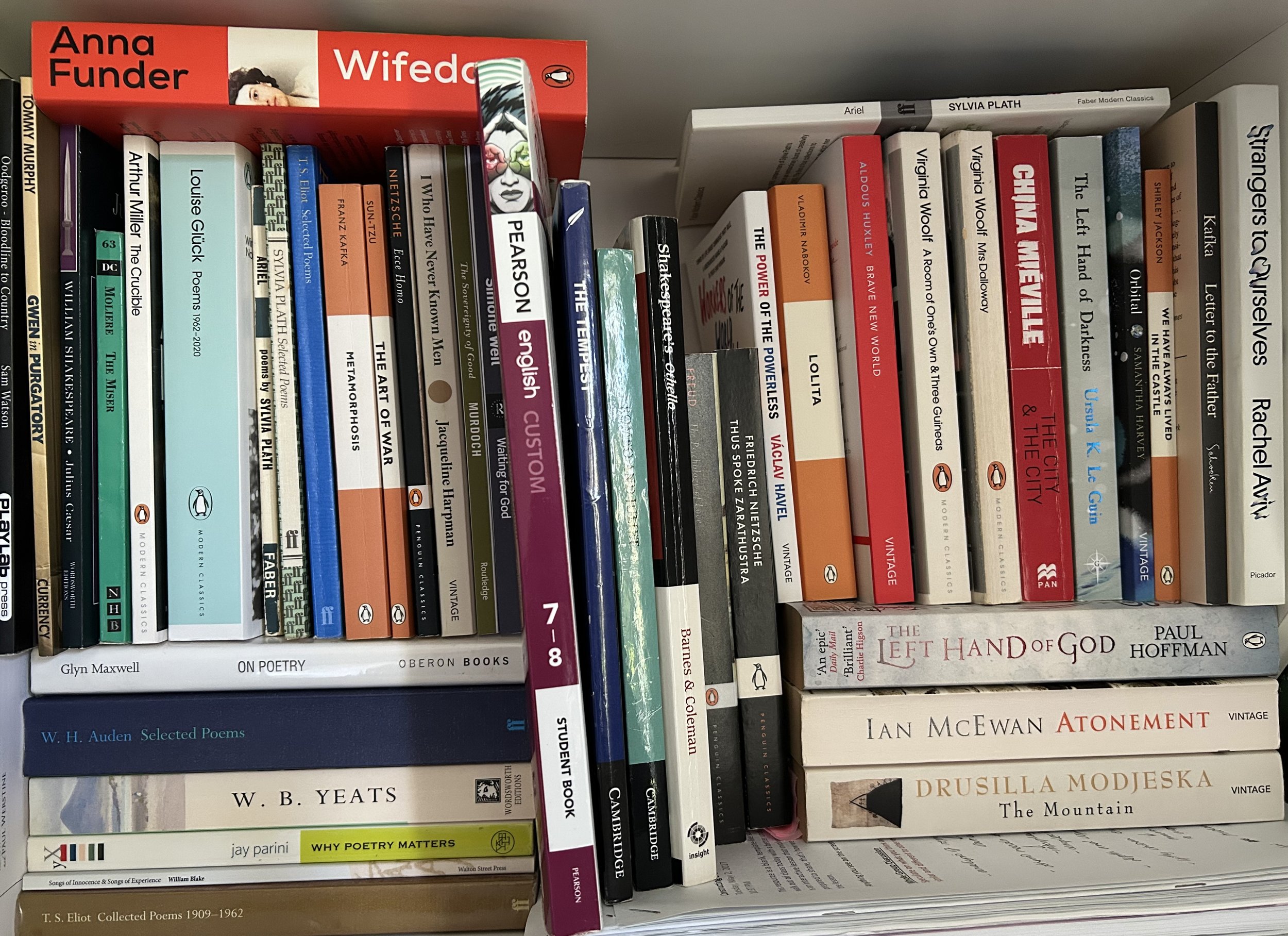 A bookshelf filled with various books, including fiction, poetry, and classics. Some notable titles visible are "Wifed" by Anna Funder, "The Art of War," "The Power of the Powerless," and "The Left Hand of God" by Paul Hoffman. The books are arranged horizontally and vertically, with a mix of colors and genres.