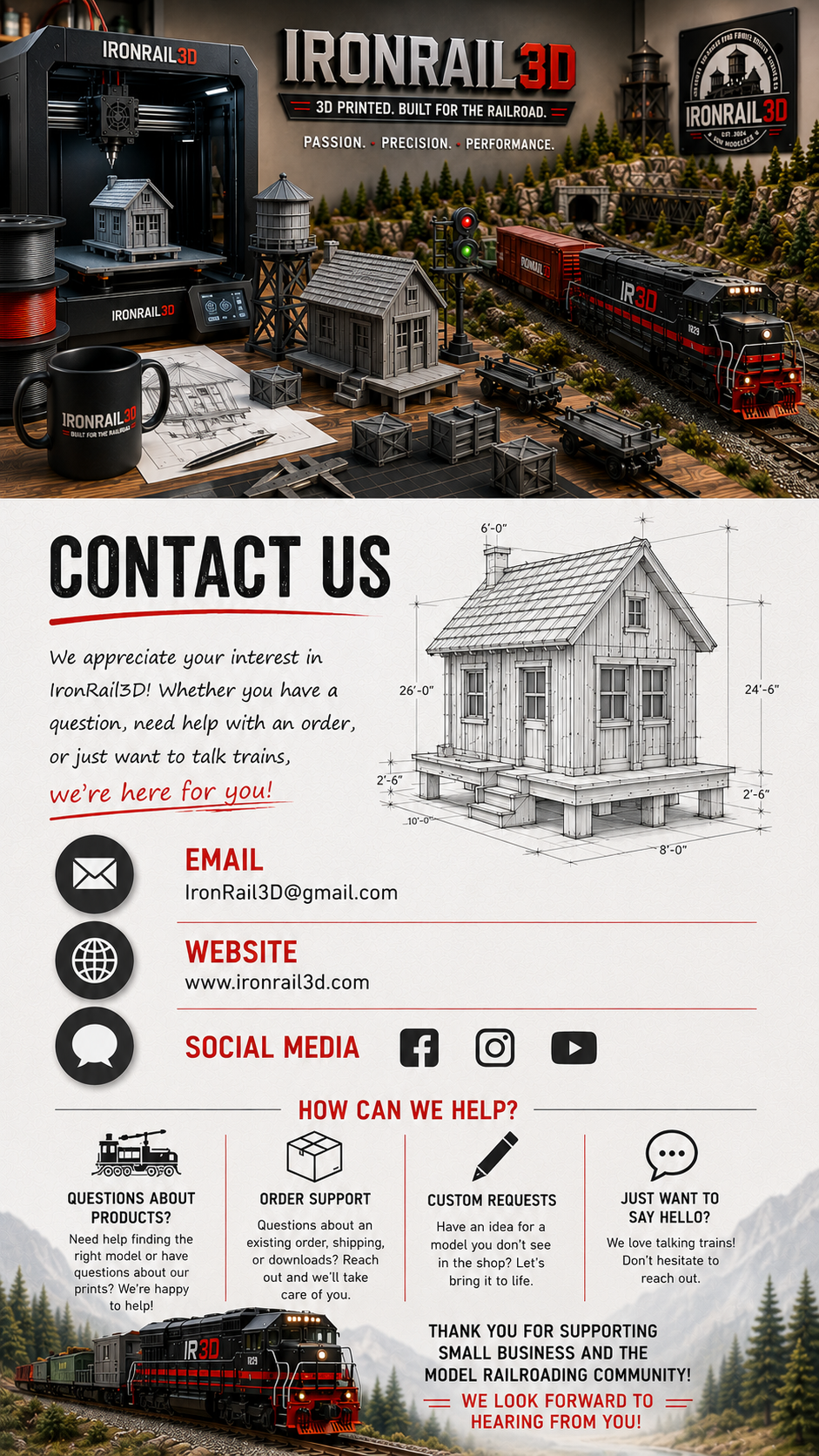 A promotional display for IronRail 3D featuring a model train setup with a 3D printer printing a house, model buildings, and railway scenery. The lower section provides contact information, including email, website, and social media icons, along with options for support, custom requests, and inquiries about products.