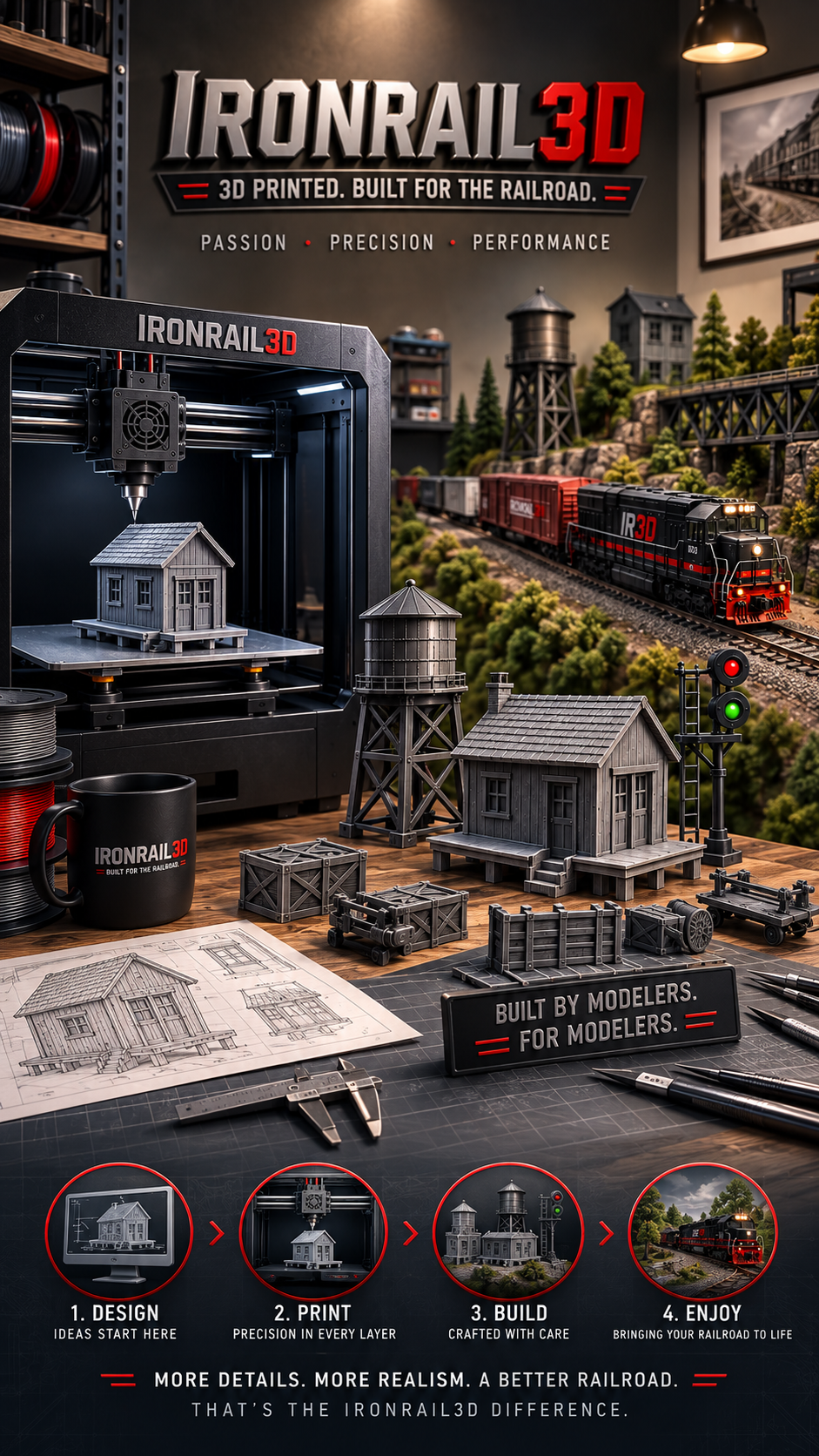 A train model on a railway layout with model houses, water towers, and trees, with a 3D printer creating a house model in the foreground, and promotional poster for Ironrail3D at the back with steps for designing, printing, building, and enjoying model railroads.