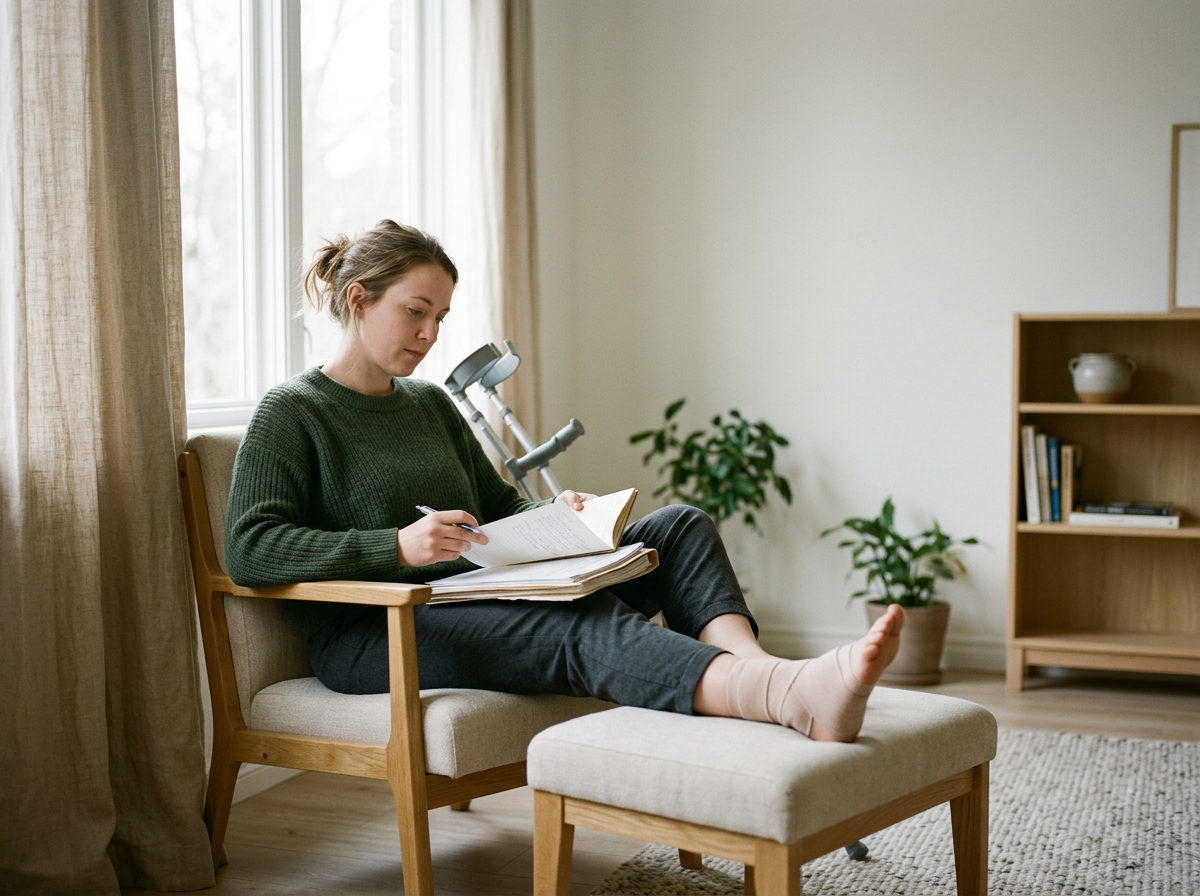 Young woman sitting on a wooden chair with a footrest, reading and taking notes in a notebook. There is a crutch leaning against the wall behind her, and a plant in a pot near a bookshelf in a well-lit room.