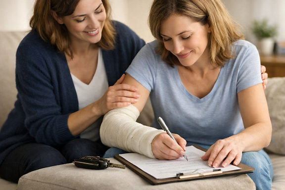 Two women sitting on a couch, one with a cast on her arm, signing a document or notebook while the other woman looks on smiling and supportive.