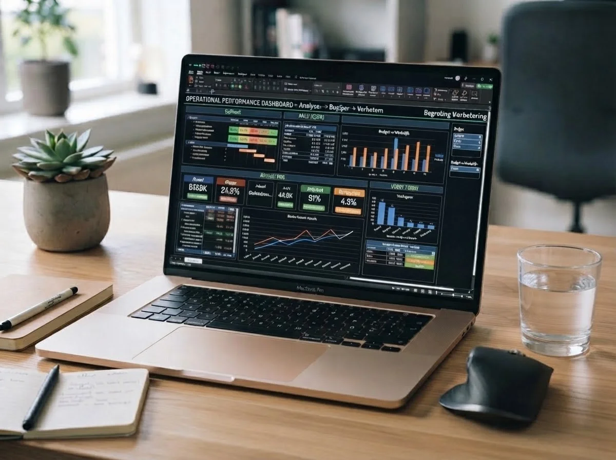 Interactief Excel dashboard voor budgettering, rapportering en KPI-analyse weergegeven op een laptop.