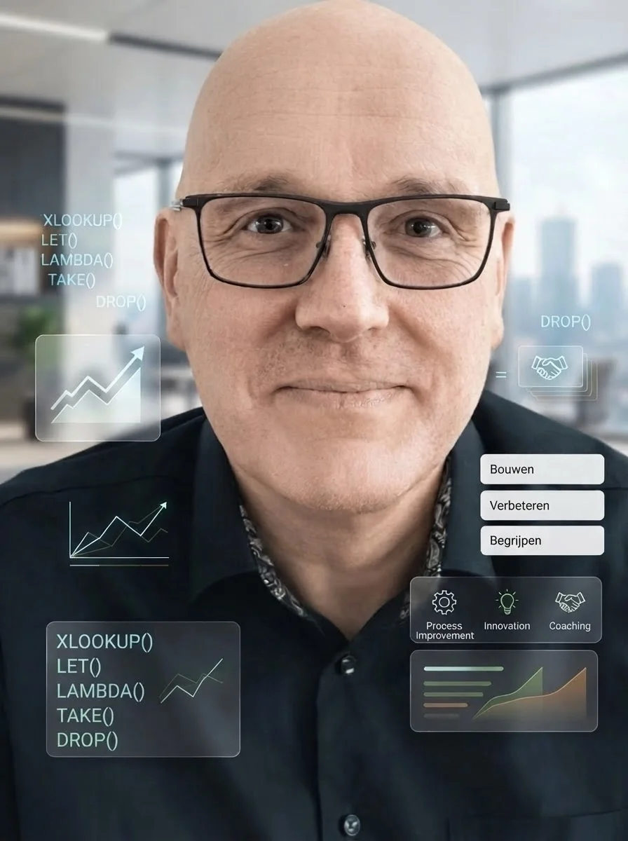 Excel trainer en coach met visuele weergave van geavanceerde Excel-functies, dashboards, procesverbetering, innovatie en coaching voor efficiënter werken met data en Excel-oplossingen.  Geef uw feedback over BizChat