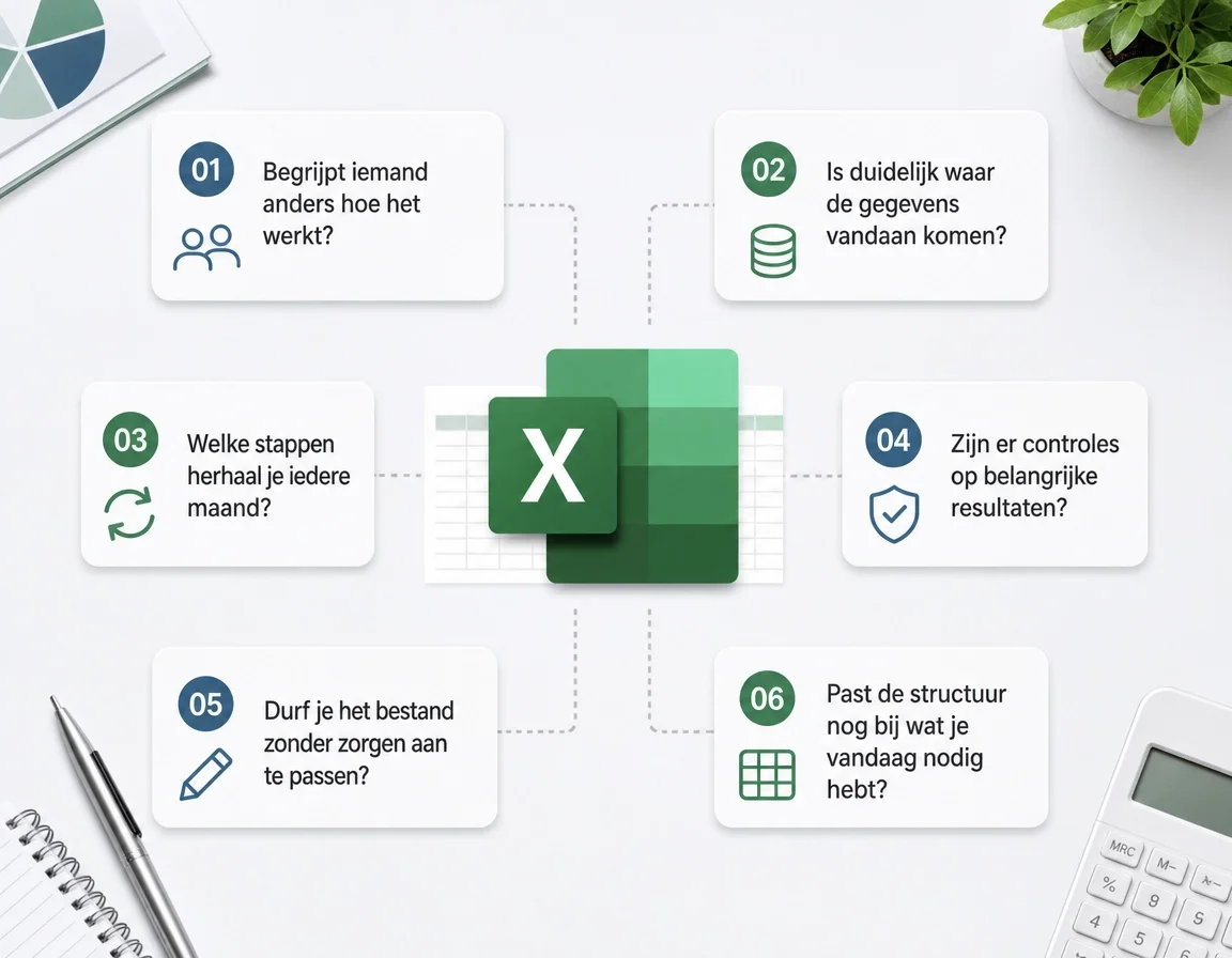 6 controlevragen voor je financiële Excelbestand. Zes controlevragen voor een Excelbestand over overdraagbaarheid, databronnen, terugkerende stappen, controles, aanpasbaarheid en structuur.