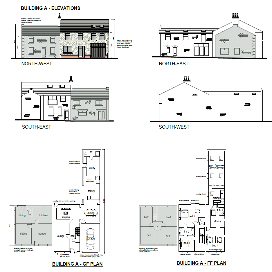 Architectural blueprint of a building, showing four elevation views labeled North-West, North-East, South-East, and South-West, along with floor plans for ground floor and first floor levels. The plans include room labels such as kitchen, lounge, din