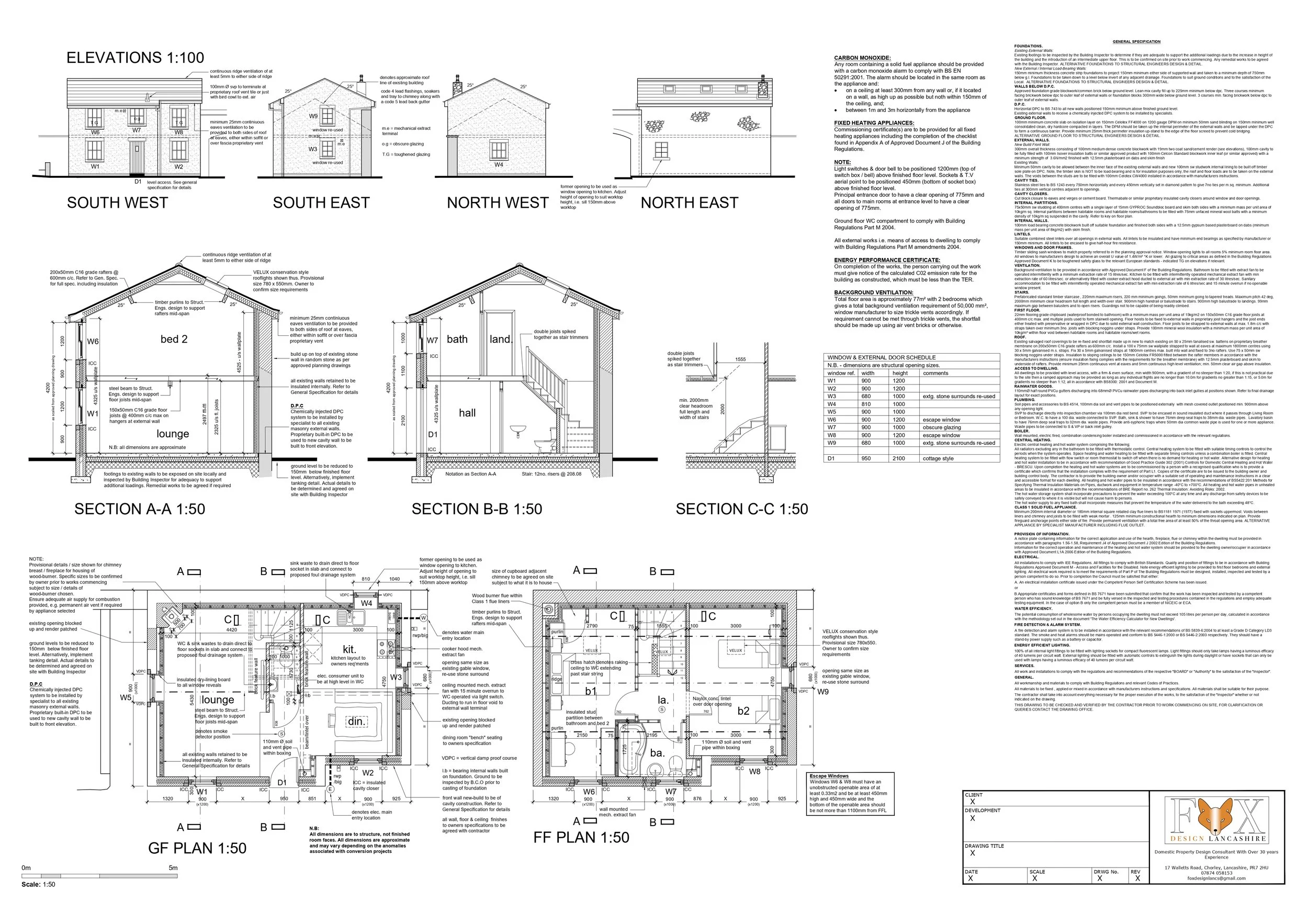 Architectural floor plans for a house, including elevations, sections, GF, FF plans, and details of windows, doors, and construction specifications.