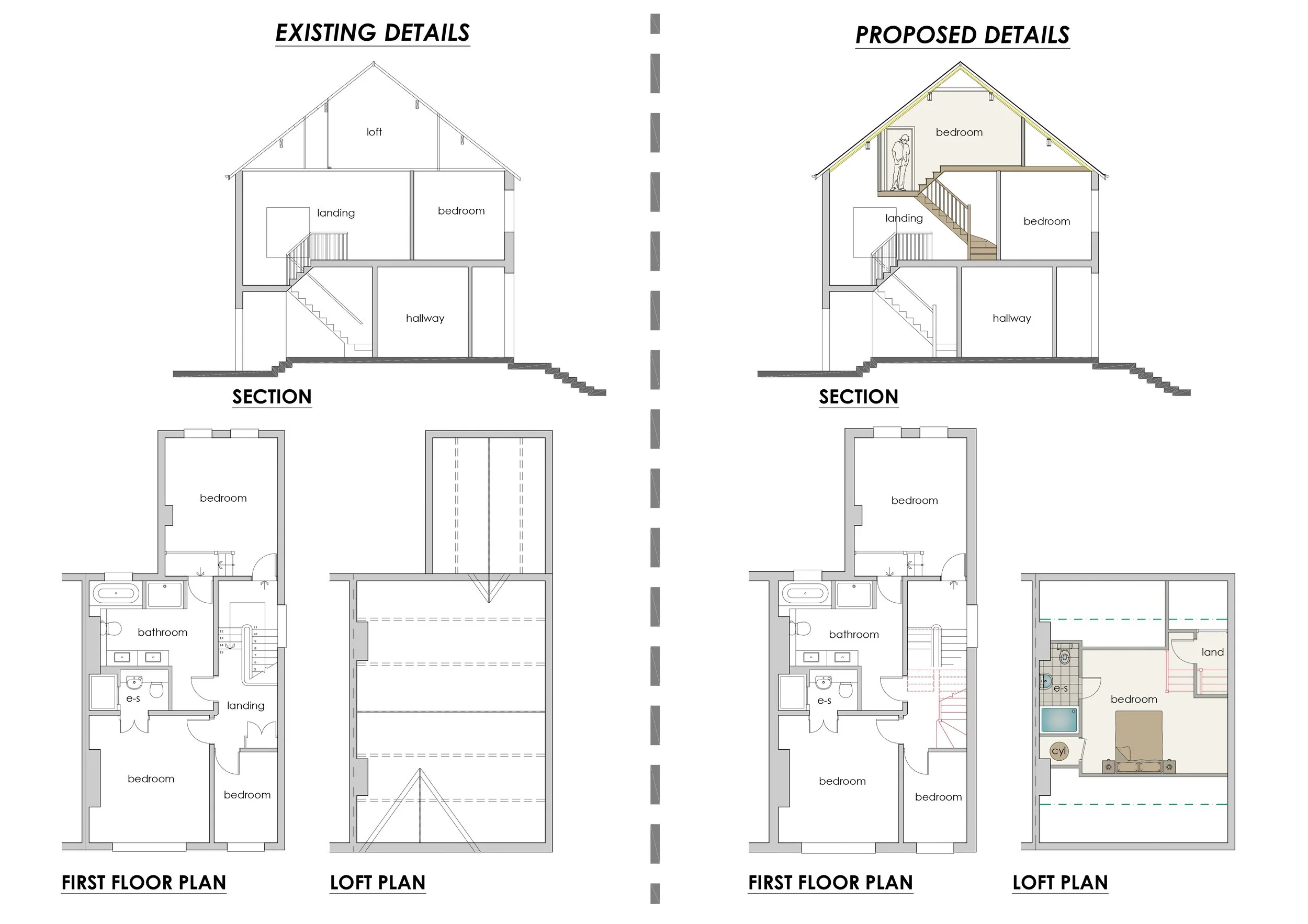 Comparison of architectural floor plans showing existing and proposed details of a house. The plans include labels for first floor and loft plans, with rooms such as bedrooms, hallway, bathroom, and landing.