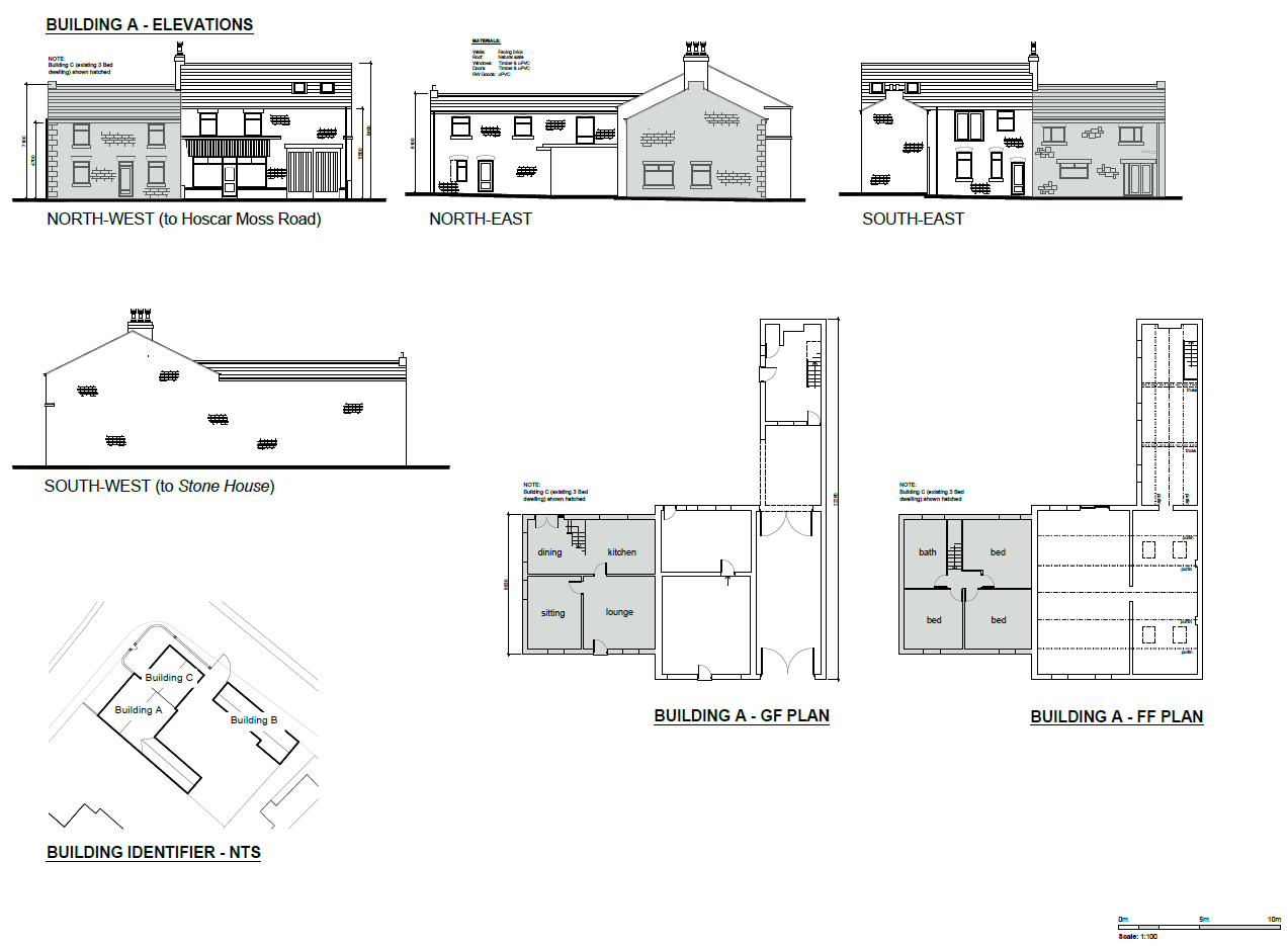 Architectural blueprint of Building A showing elevation views and floor plans. Elevations include north-west, north-east, south-east, south-west, and a south-west view to a stone house. Floor plans display ground floor with rooms such as dining, kitc