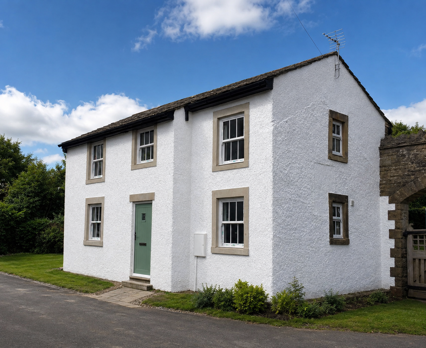 A white two-story house with a slate roof and six windows with stone frames, and a green front door. The house is situated on a sad gravel driveway with some small bushes and grass in the front yard. The sky is partly cloudy with patches of blue.