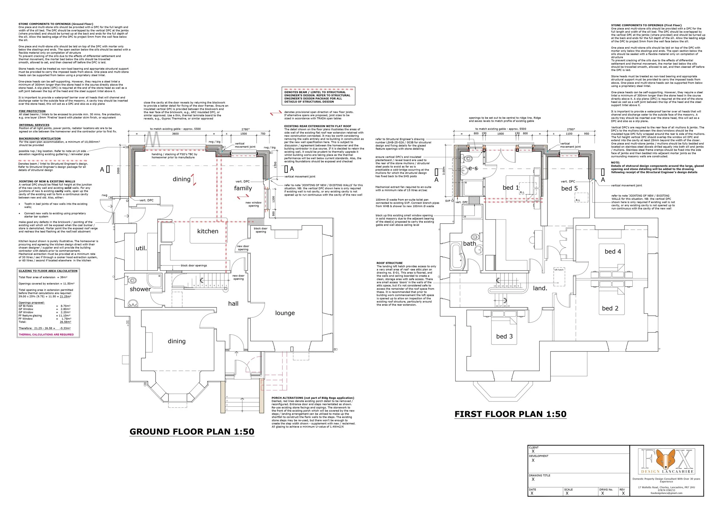 A detailed architectural blueprint of a house's ground floor and first floor, including room layouts, structural components, and construction notes.