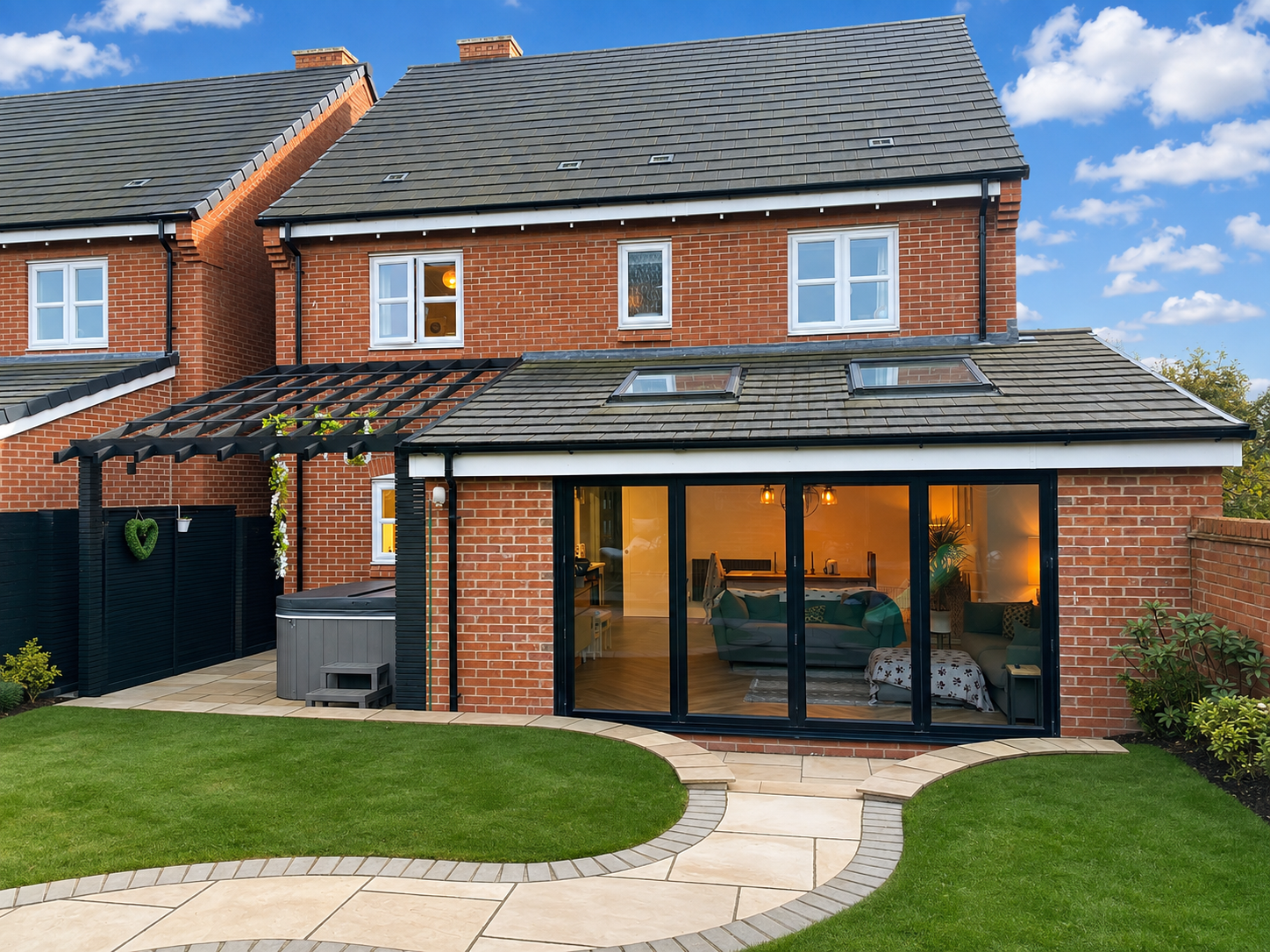 A modern backyard with a brick house featuring a glass patio door, green lawn, and a paved walkway. The house has multiple windows, a tiled roof, and a small patio with outdoor furniture and a hot tub.