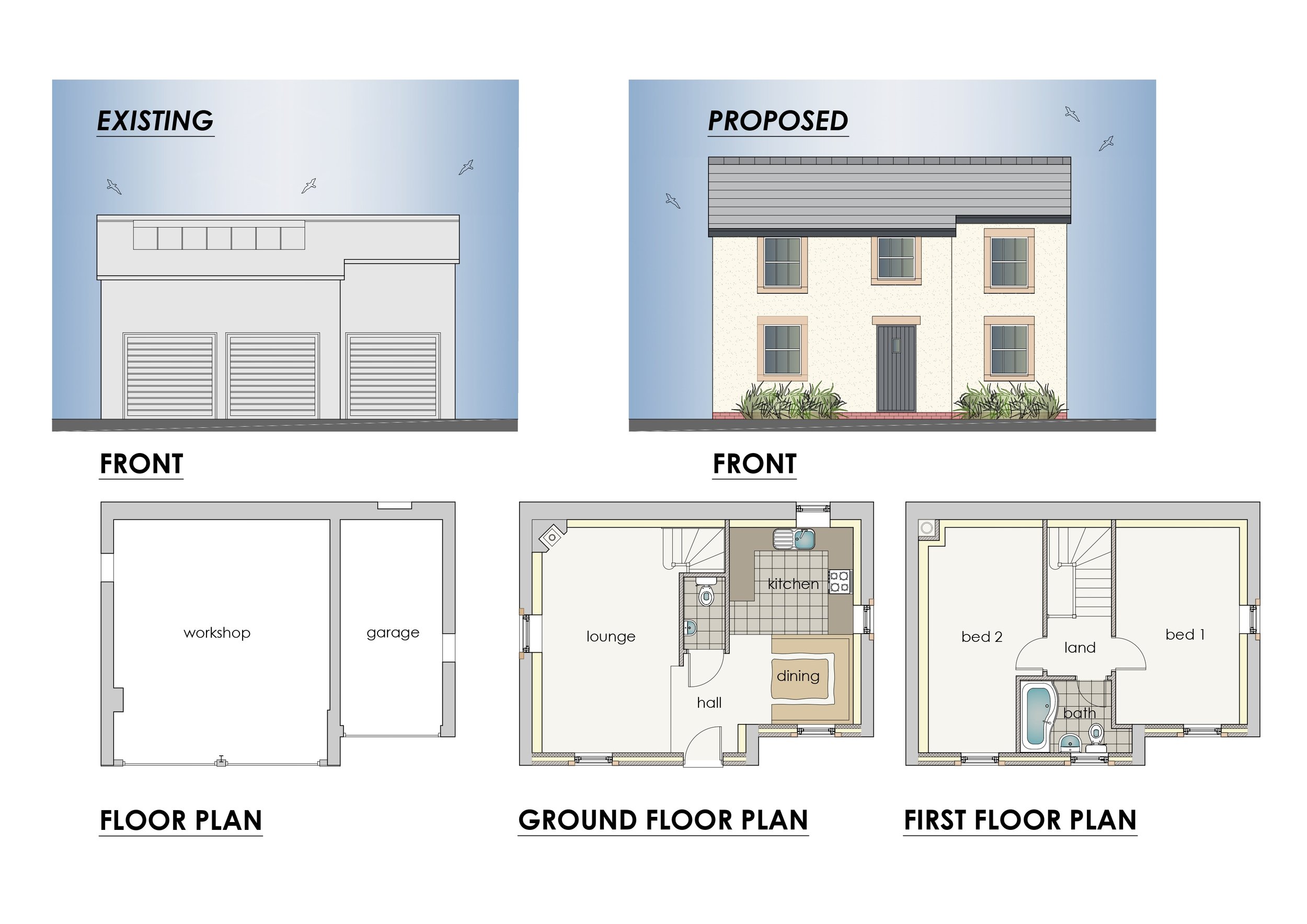 Comparison between existing and proposed house front elevations, showing a simple garage door and windows on the existing, versus a detailed facade with windows, door, and roof on the proposed design. Floor plans for the ground and first floors are also visible below.