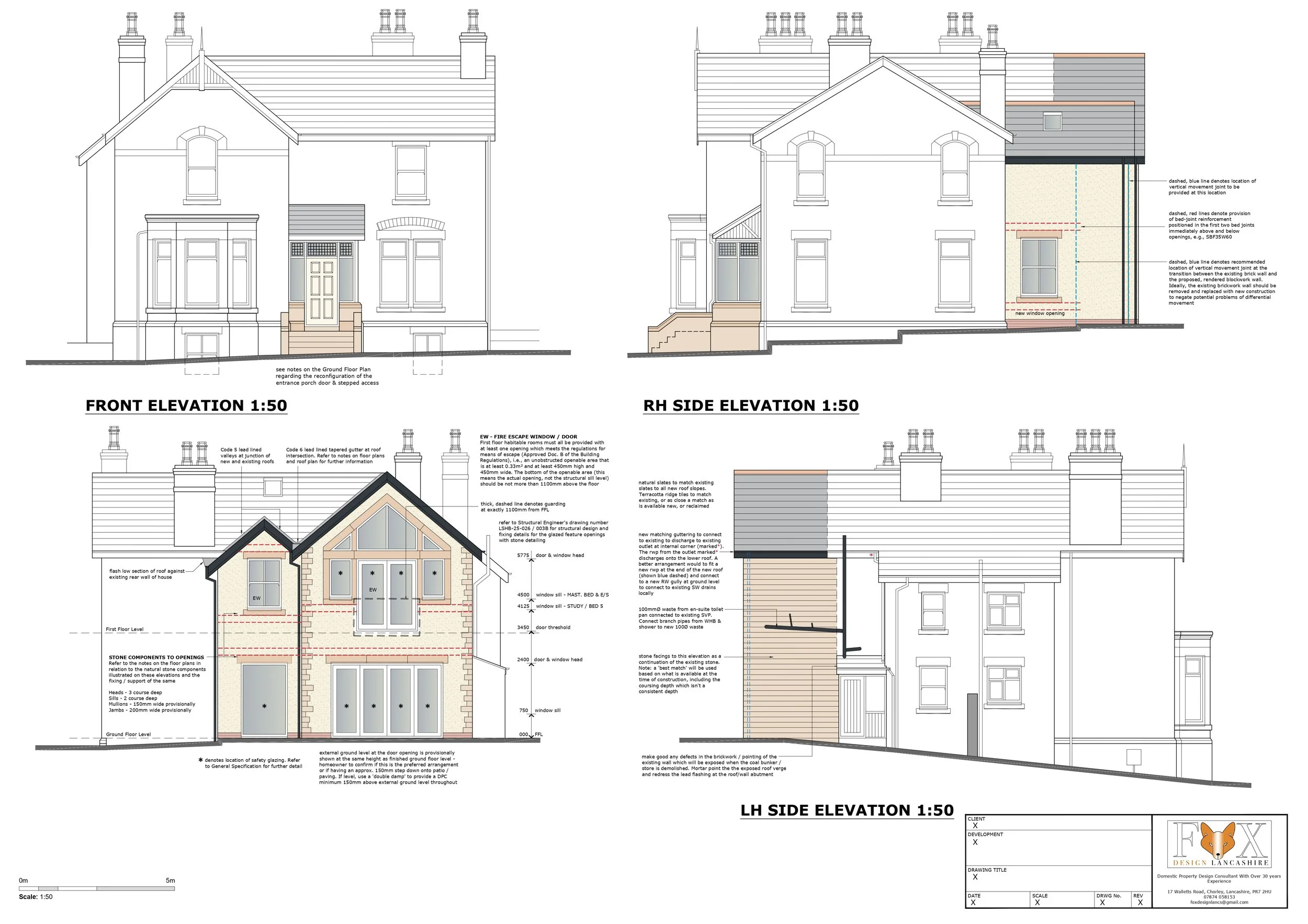 Architectural blueprint of a two-story house with front, right side, and left side elevation views, including detailed construction notes and measurements.