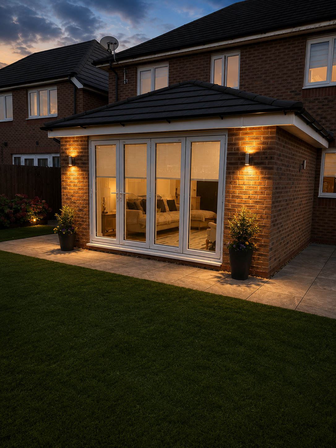 A brick house with a sunroom at dusk, illuminated from inside. The sunroom has white-framed glass doors and windows, with outdoor potted plants on each side. The outdoor lighting highlights the patio and the well-maintained lawn.