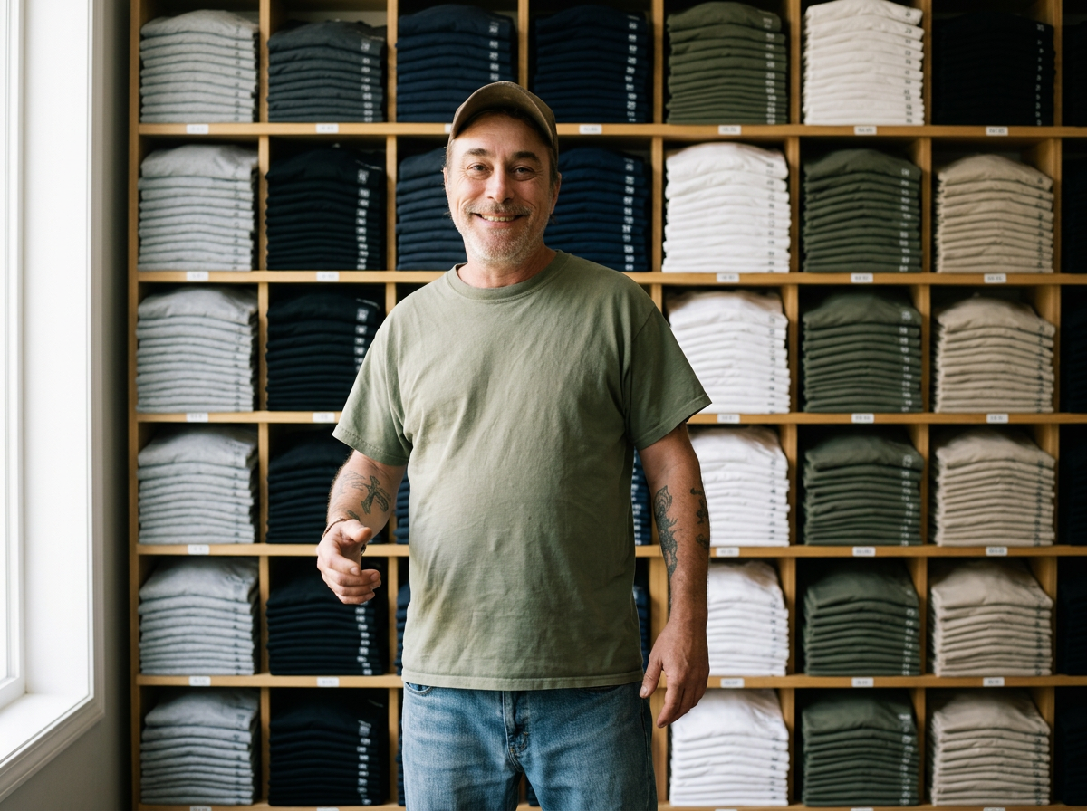 A man smiling and wearing a khaki t-shirt and a baseball cap in front of shelves filled with neatly folded t-shirts in gray, navy, green, white, and black colors.
