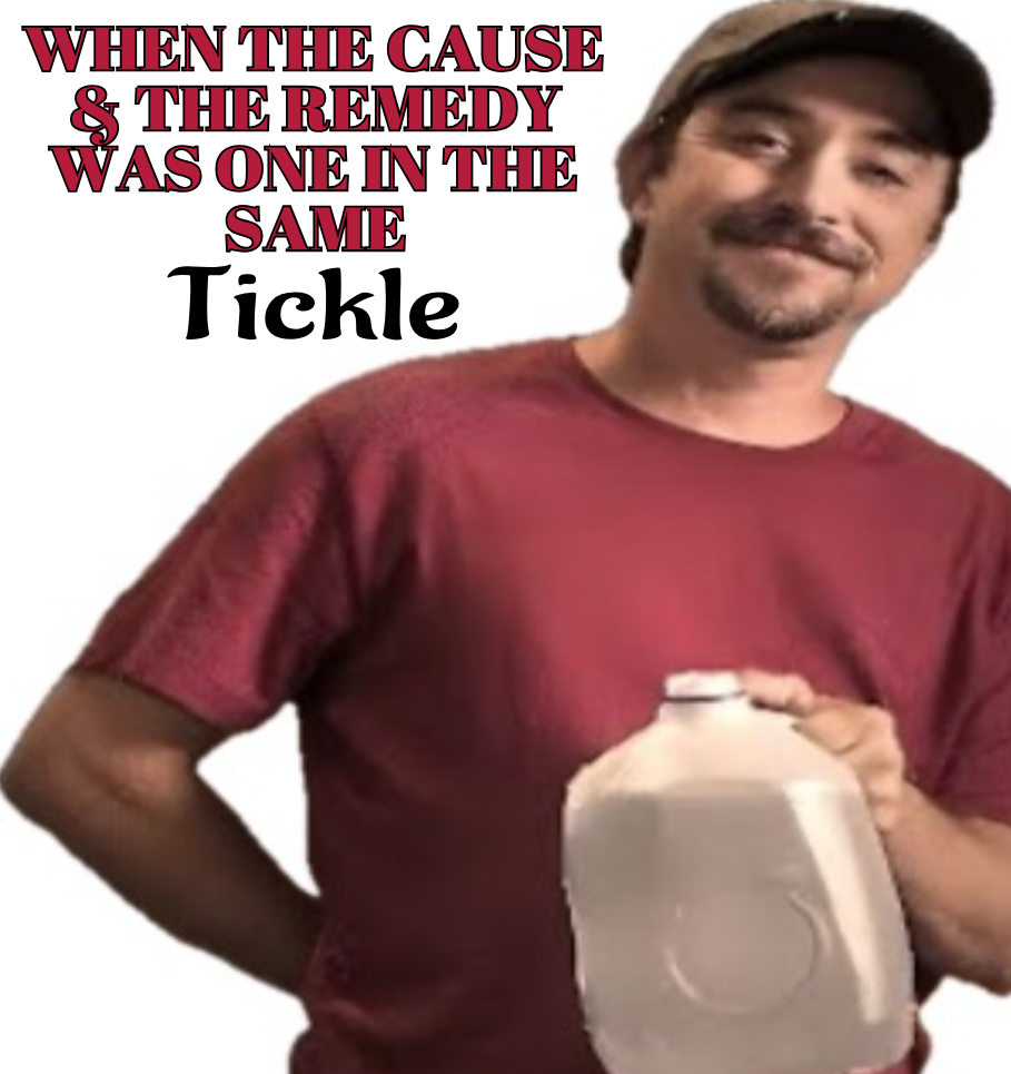 A man with brown hair and a beard, wearing a red t-shirt and a brown cap, holding a gallon of milk and smiling. Text in the image reads: "When the cause & the remedy was one in the same tickle."