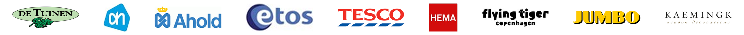 Logo's: De Tuinen, Albert Heijn, Ahold, Etos, Tesco, HEMA, Flying Tiger Copenhagen, Jumbo, Kaemingk
