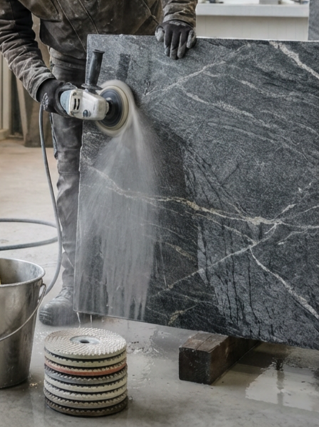 Person polishing a large gray marble slab with a power tool.
