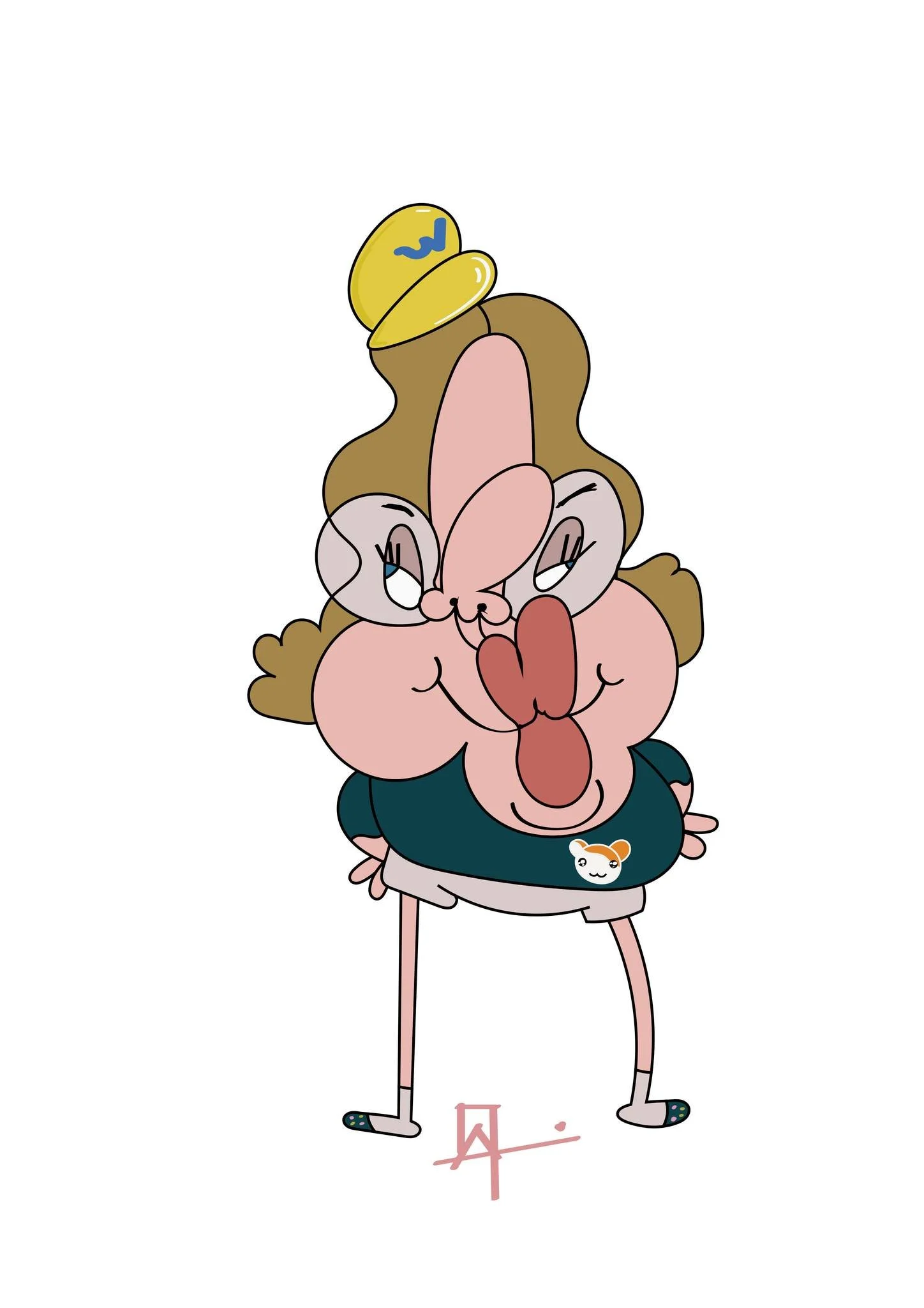 A cartoon character with a large pink nose, long pink tongue, gray arms with eyelashes, standing with legs apart and wearing a dark green shirt with a small animal face on it, and a yellow hat with a blue squiggly line, on a white background.