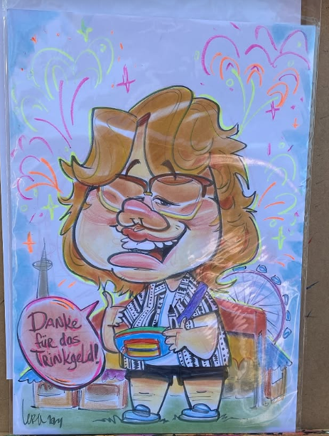 Colorful caricature illustration of a person with long hair, glasses, and a striped shirt holding a rainbow-colored bowl, standing in front of buildings with fireworks in the background. A speech bubble in German says 'Danke für das Trinkgeld!'
