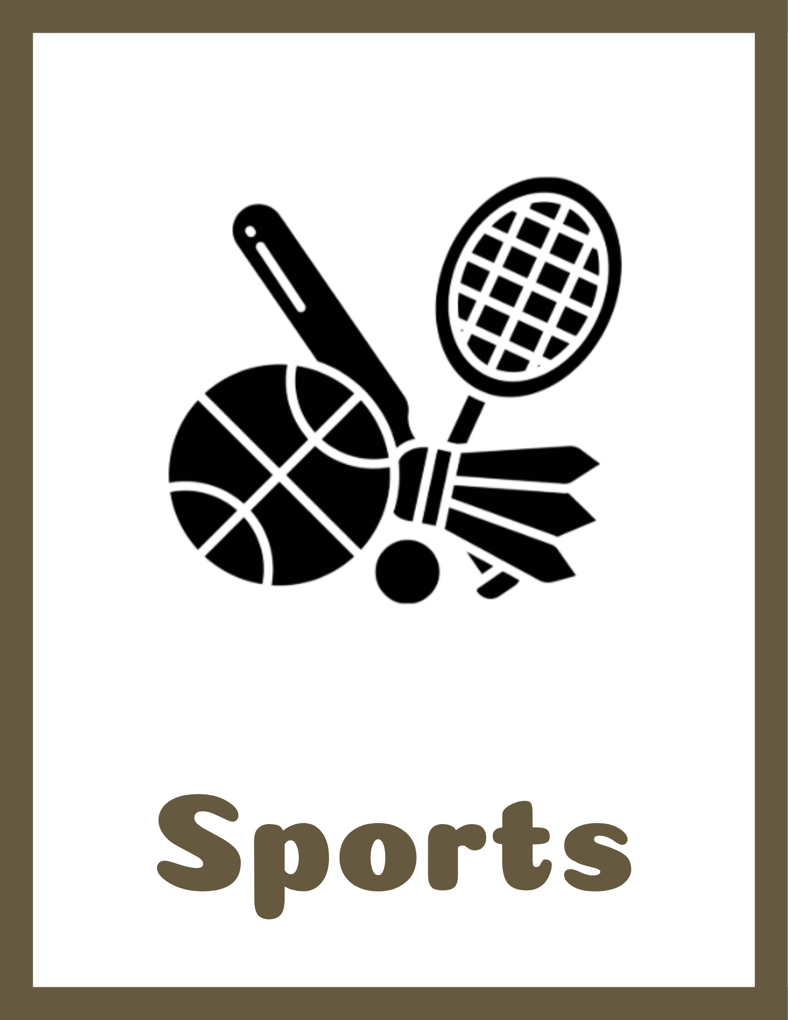 Black and white icon of a basketball, tennis racket, and baseball with the words "Sports" at the bottom.