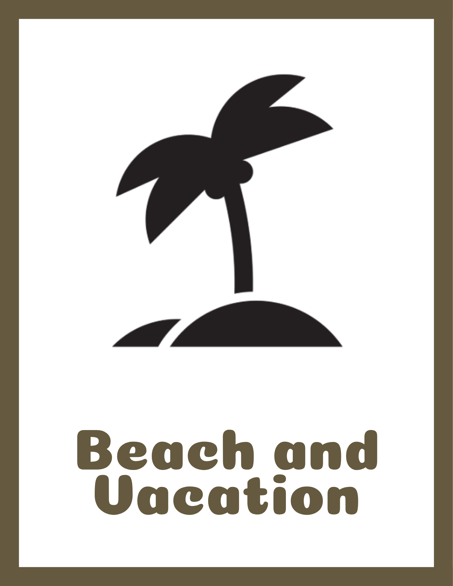 A stylized black palm tree silhouette with ground and sky in the background, accompanied by text that reads "Beach and Vacation".