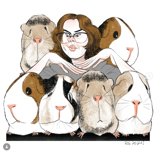 A woman with glasses and brown hair surrounded by several guinea pigs and a hamster, all gathered closely together for a group photo.