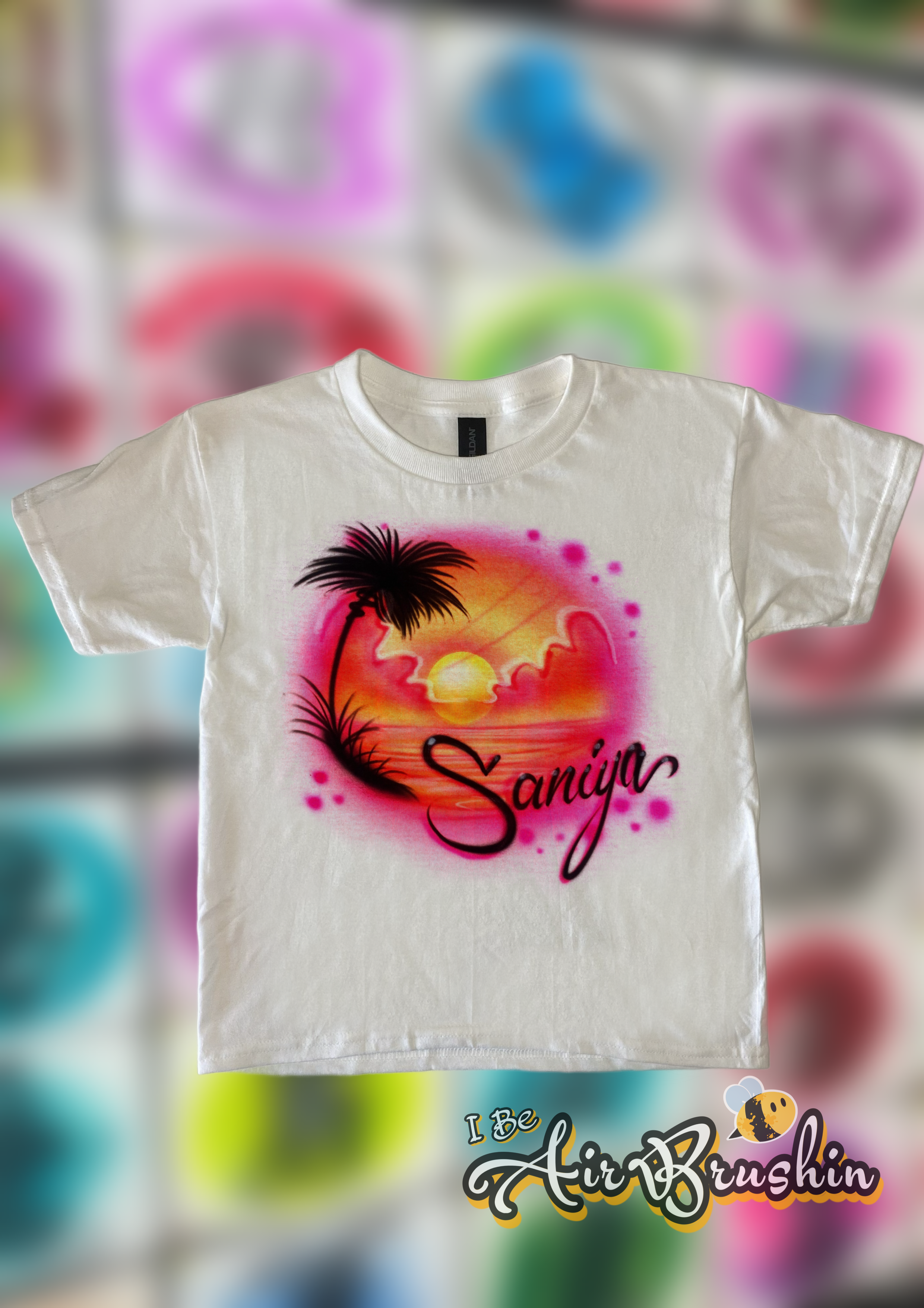 Airbrush Tropical Beach Pink and Yellow Sunset Name