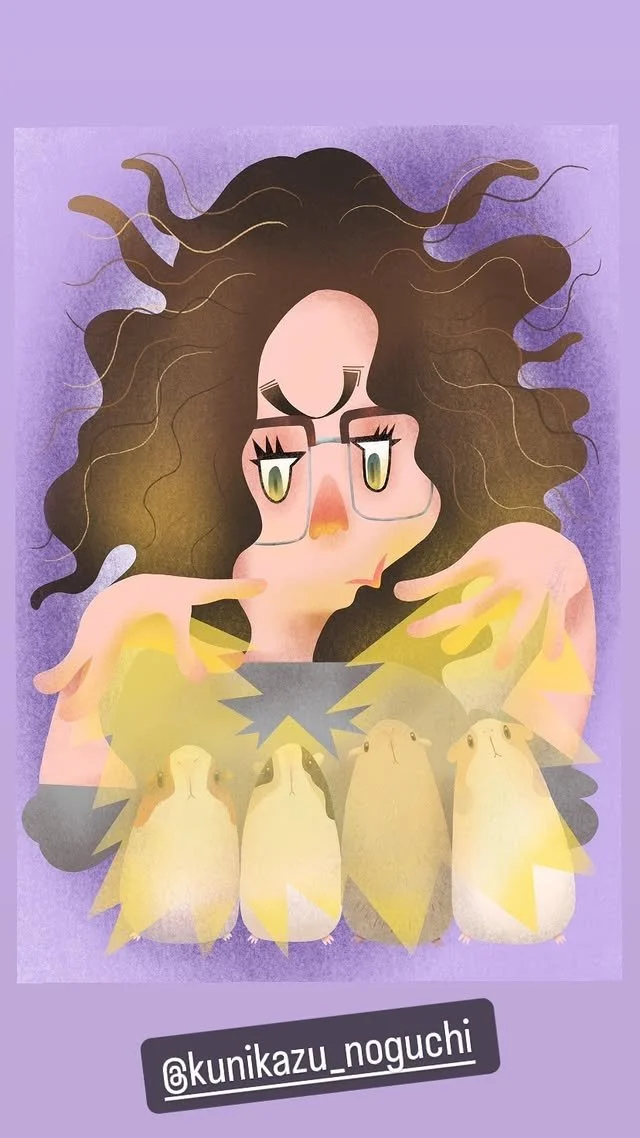 An artistic illustration of a person with curly hair and glasses, reaching out towards four yellow birds, with a pastel purple background.