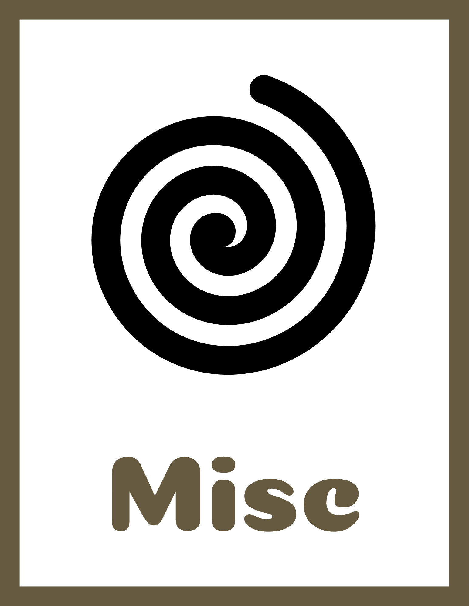 A white label with a black spiral symbol and the word 'Misc' beneath it, framed by a gold-colored border.